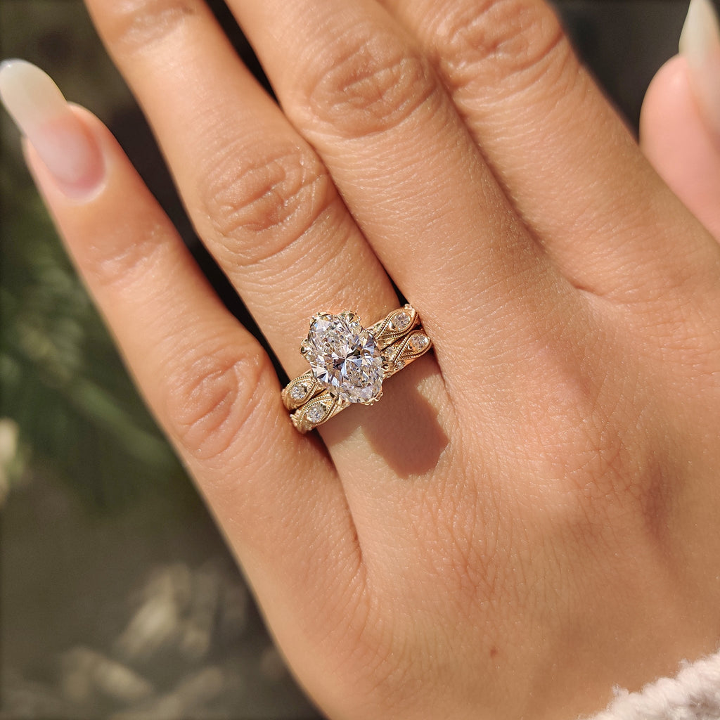 Oval Cut Ring with Eternity Band Vintage Bridal Set in Milgrain Details
