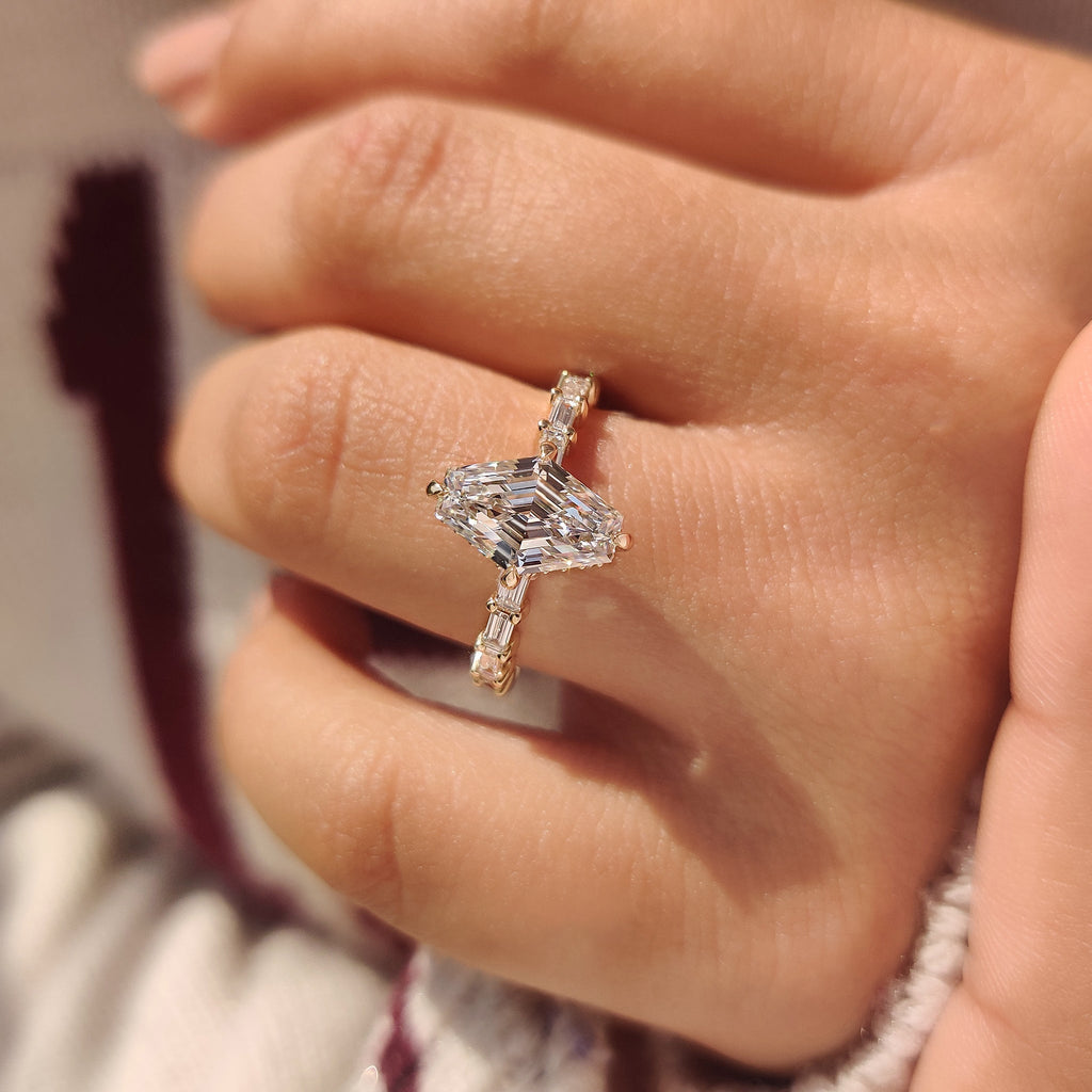 Squashed Hexagon Step Cut Ring with Baguette Cut Pave Band