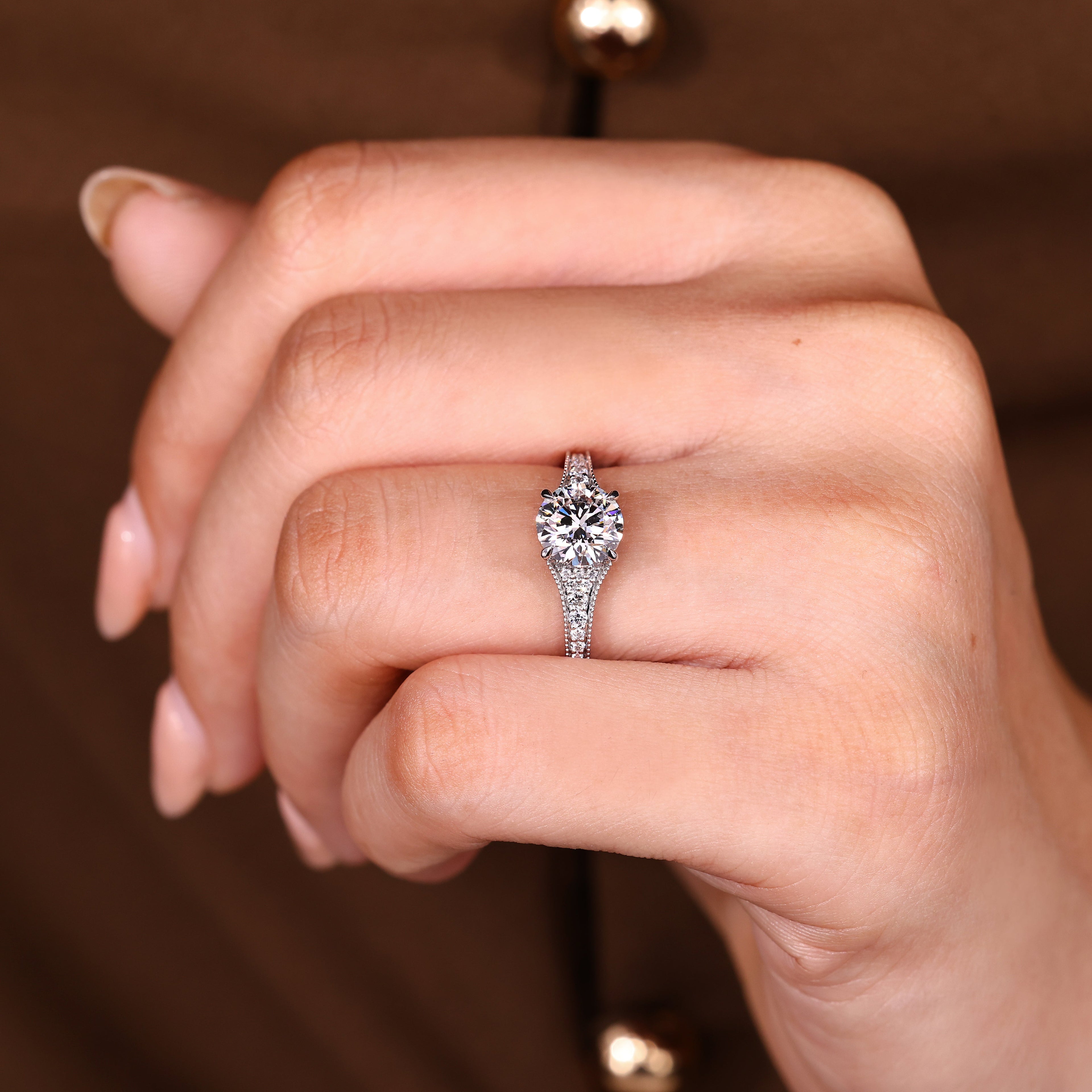 Round Diamond Engagement Ring with Round Diamonds Pave Setting