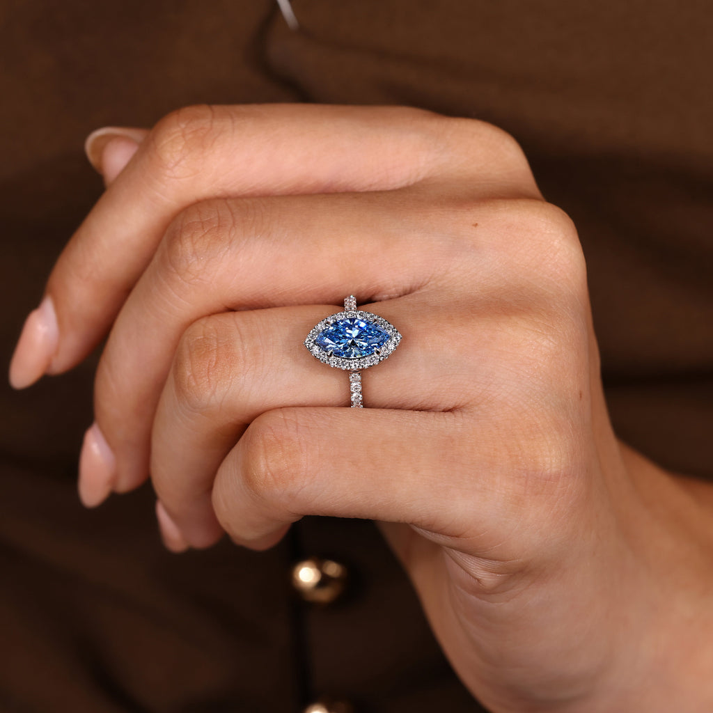 Blue Marquise Cut Diamond Ring in Halo Style