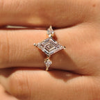 Lozenge Cut Engagement Ring with Kite Cut Side Stone