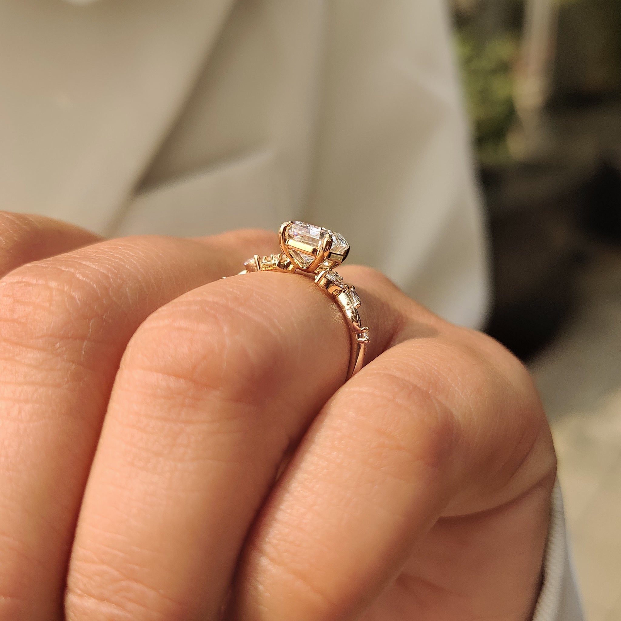 Old Mine Emerald Cut Nature Inspired Ring in Leaf Style Prong