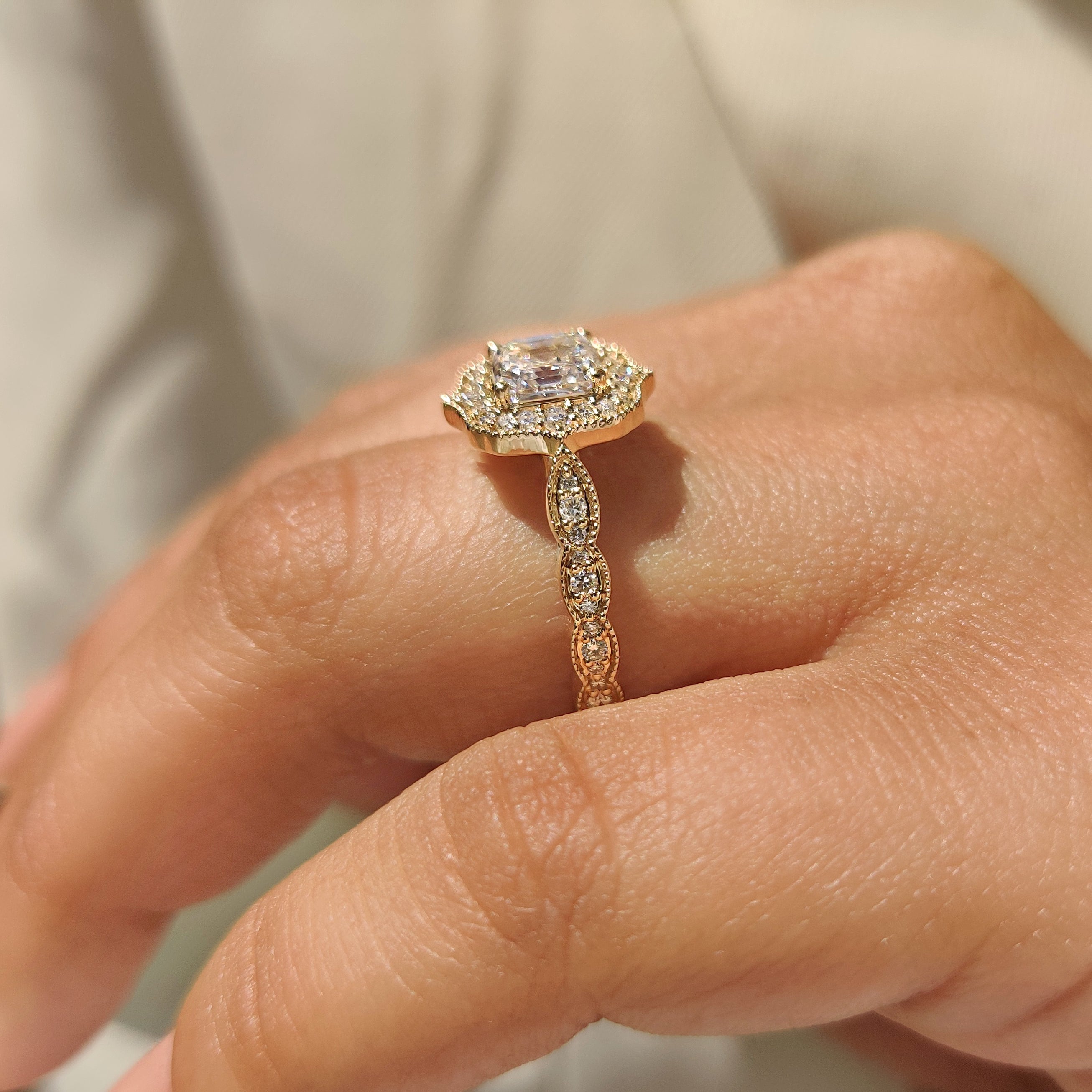 Vintage Style Asscher Cut Diamond Ring in Milgrain Details