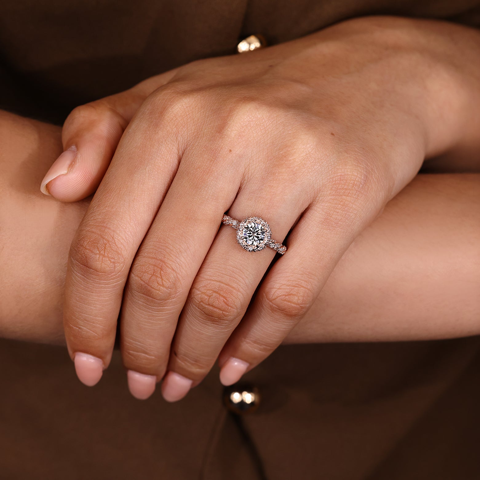 Round Cut Diamond Ring in Halo Style with Twisted Design