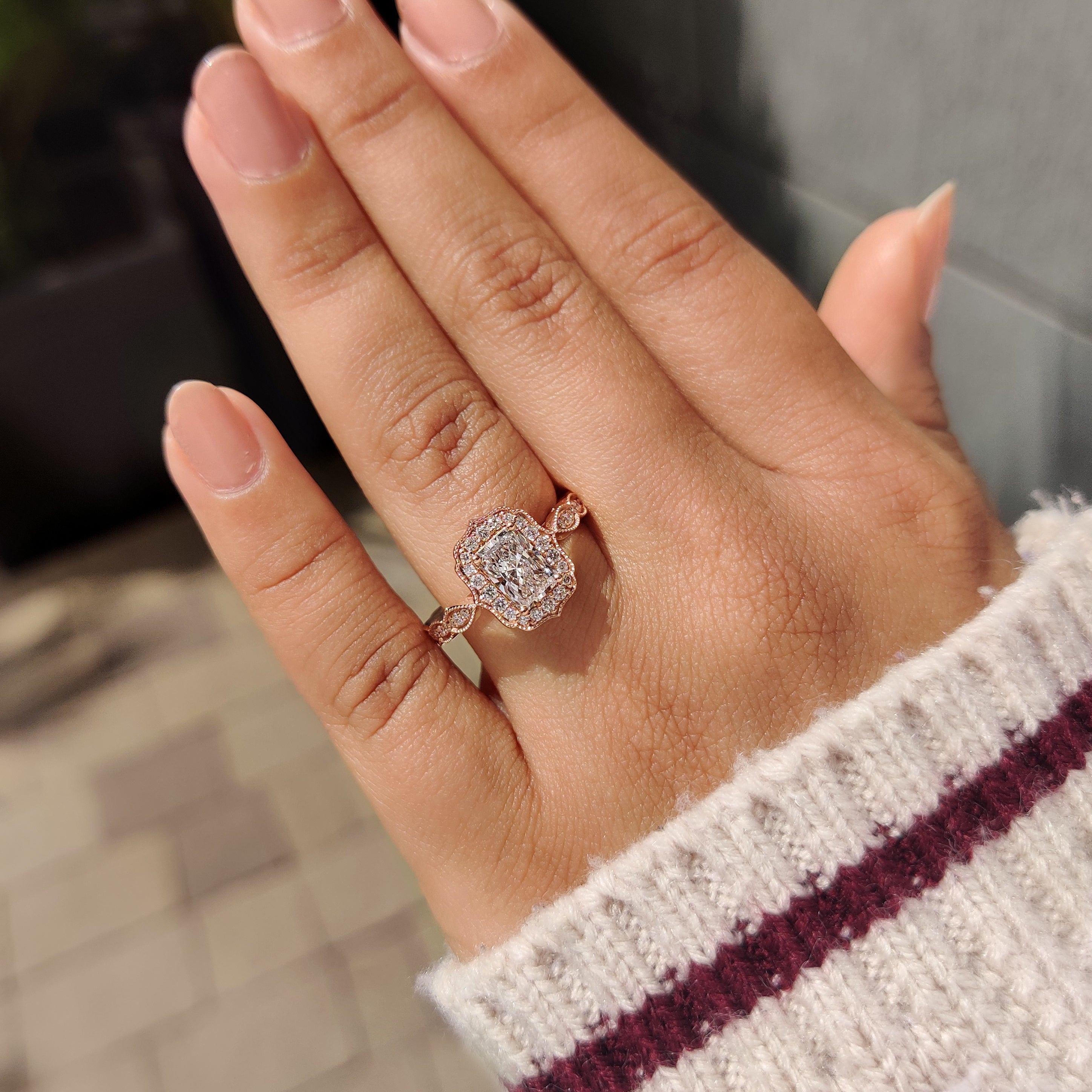 Radiant Cut Diamond Ring in Milgrain Vintage Style