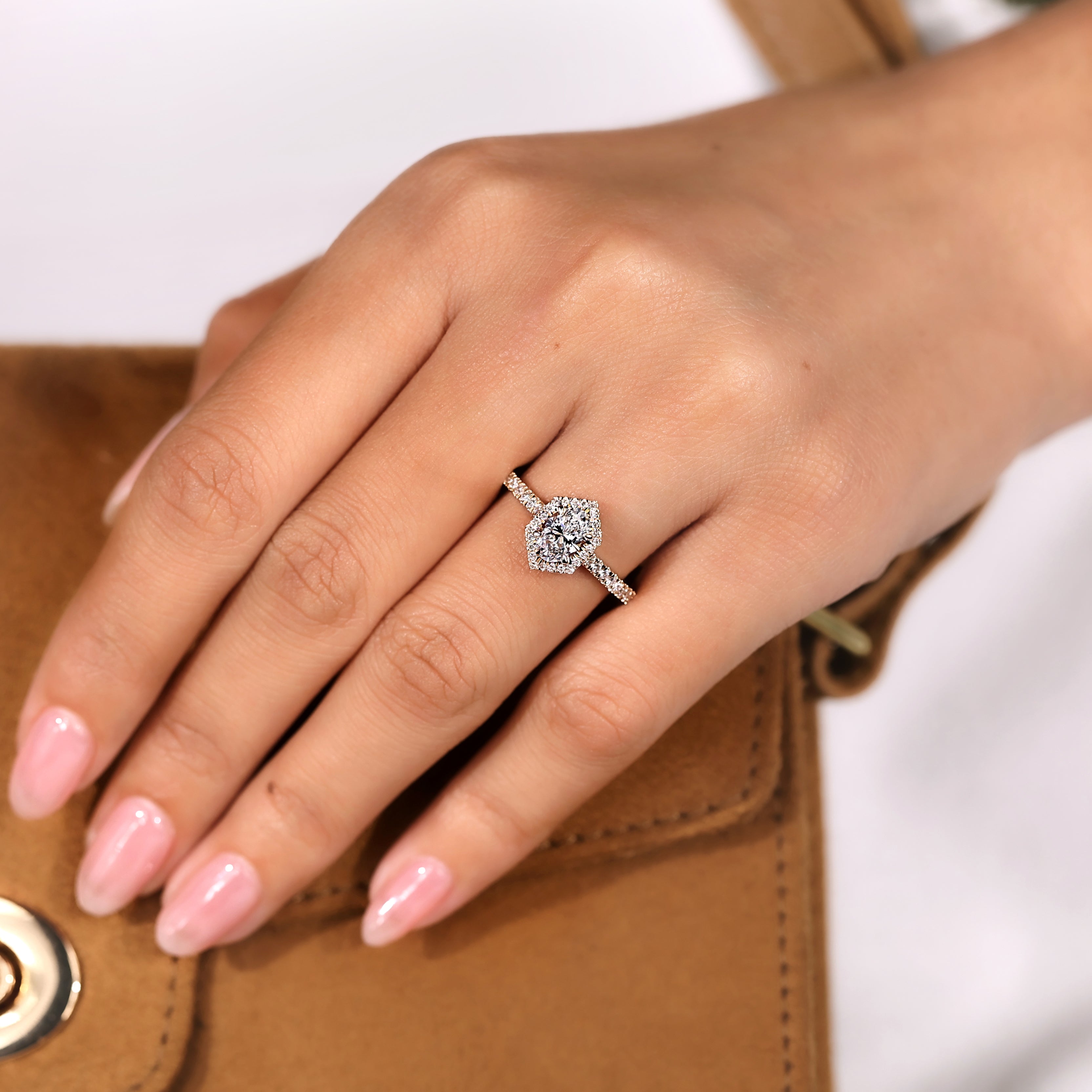 Oval Diamond Ring - Hexagon Halo Style