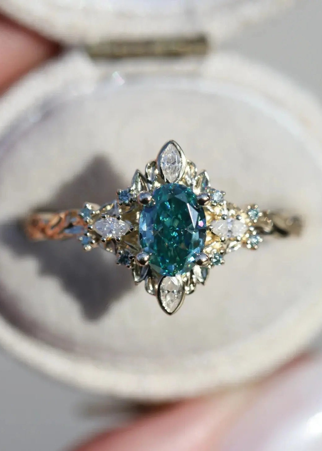 Galadriel with 7x5mm oval teal marquise cut lab grown engagement ring DisneyValley