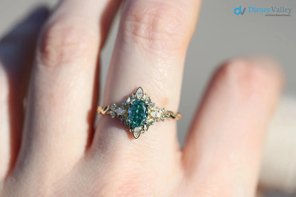 Galadriel with 7x5mm oval teal marquise cut lab grown engagement ring DisneyValley