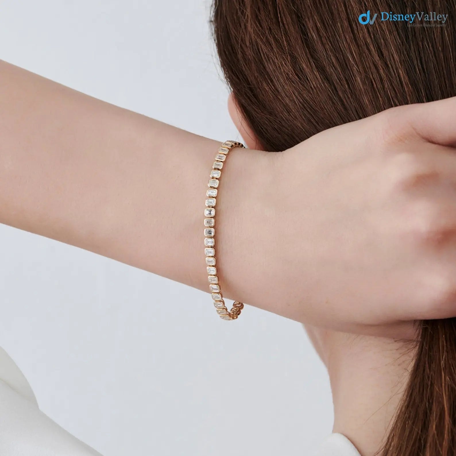 Gold Bezel Setting Emerald Cut Natural Diamond Tennis Bracelet - DisneyValley
