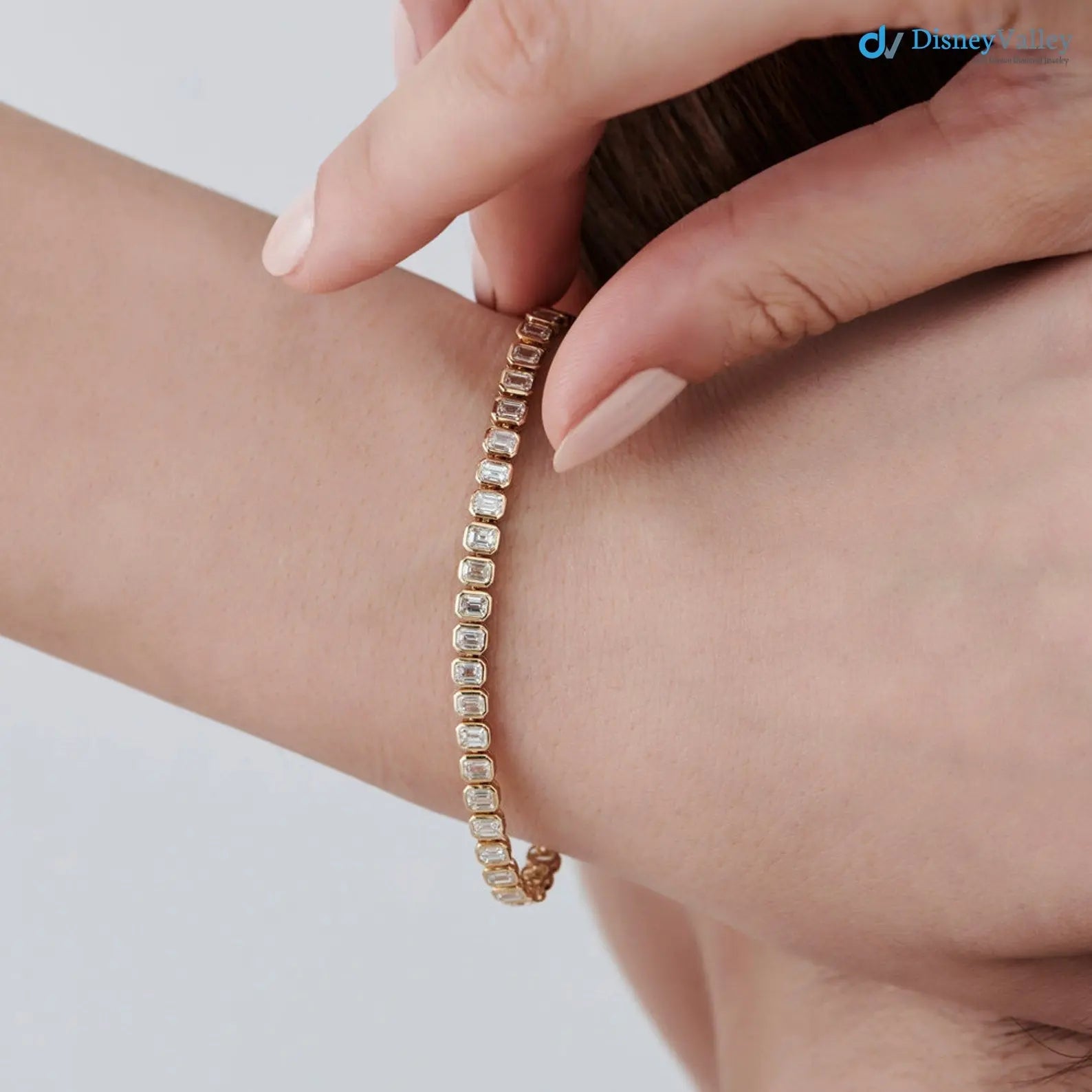 Gold Bezel Setting Emerald Cut Natural Diamond Tennis Bracelet - DisneyValley