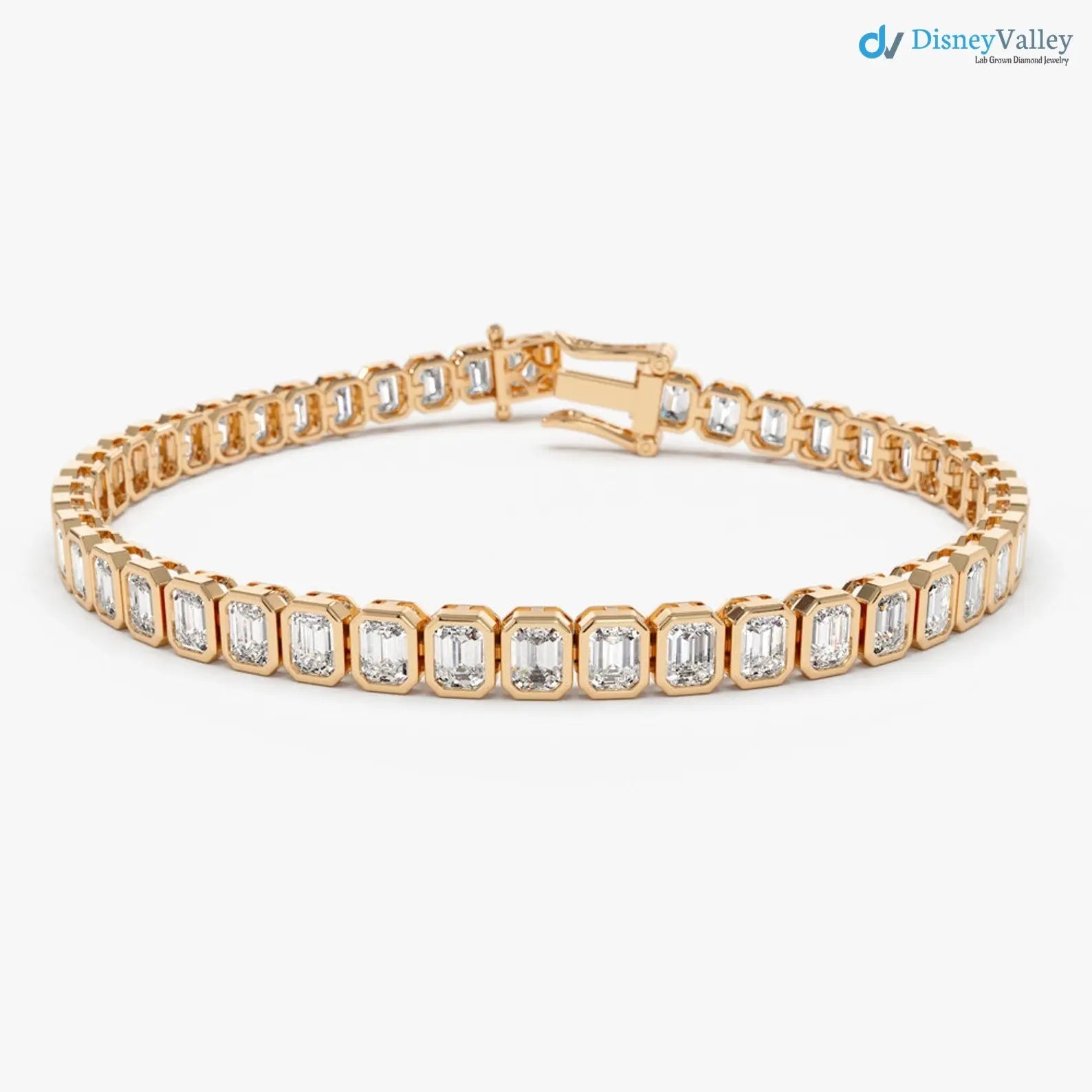 Gold Bezel Setting Emerald Cut Natural Diamond Tennis Bracelet - DisneyValley