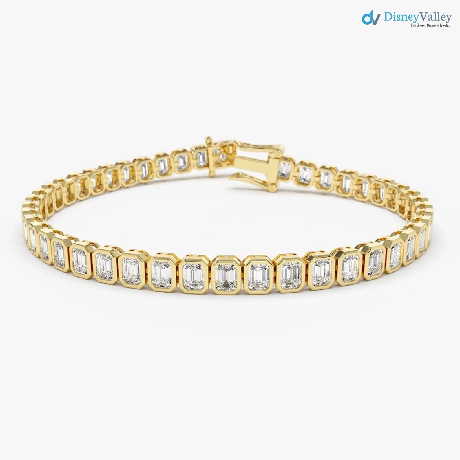 Gold Bezel Setting Emerald Cut Natural Diamond Tennis Bracelet - DisneyValley