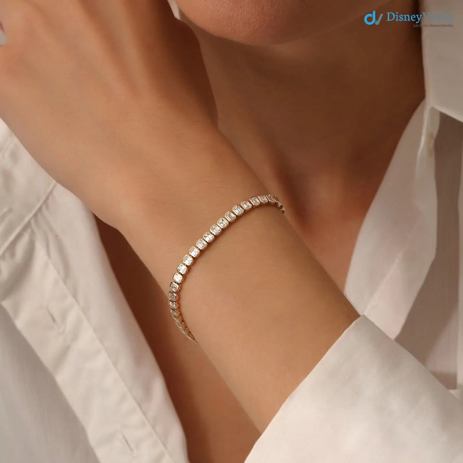 Gold Bezel Setting Emerald Cut Natural Diamond Tennis Bracelet - DisneyValley