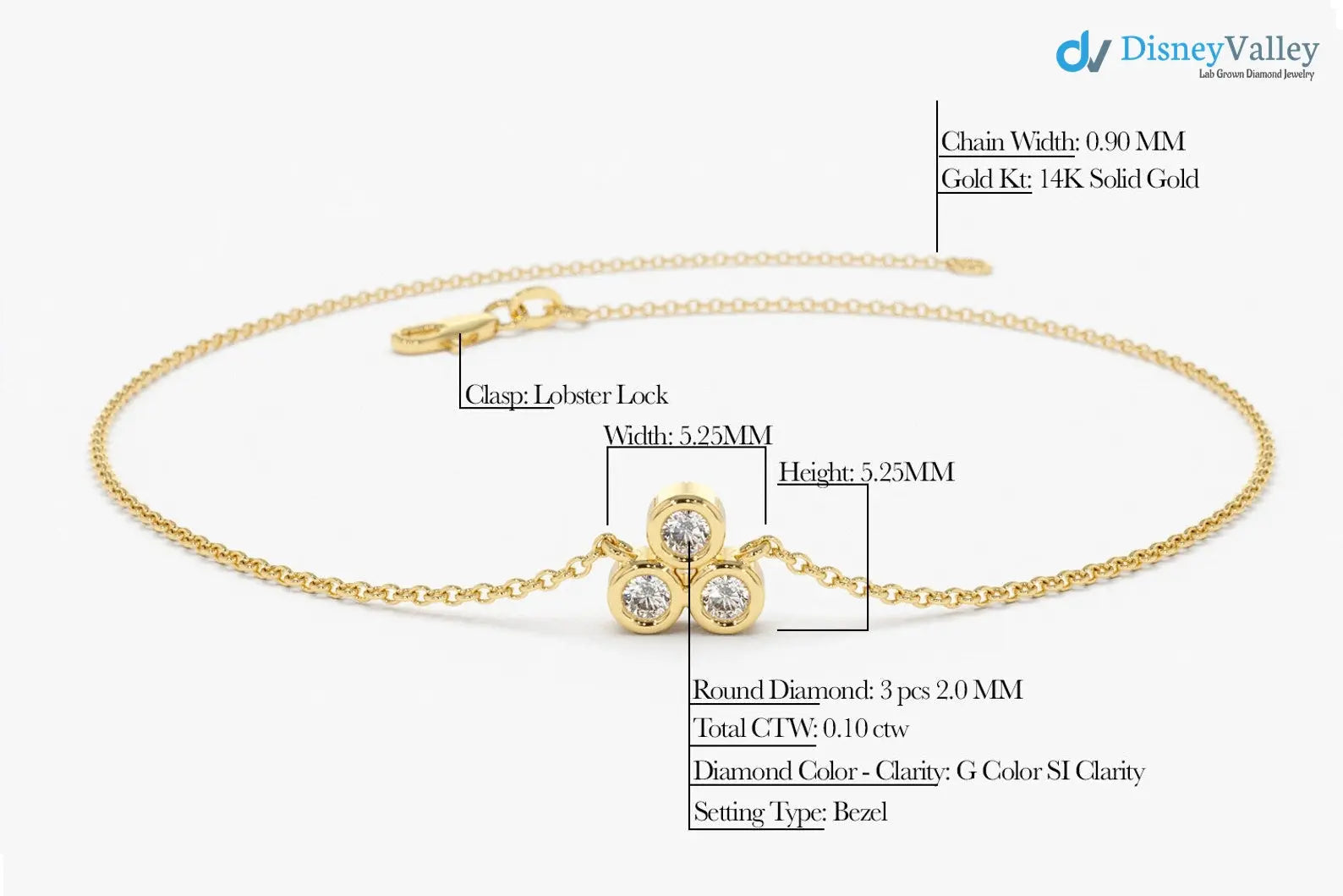Gold Bezel Setting lab grown Diamond Bracelet Gift for Her - DisneyValley