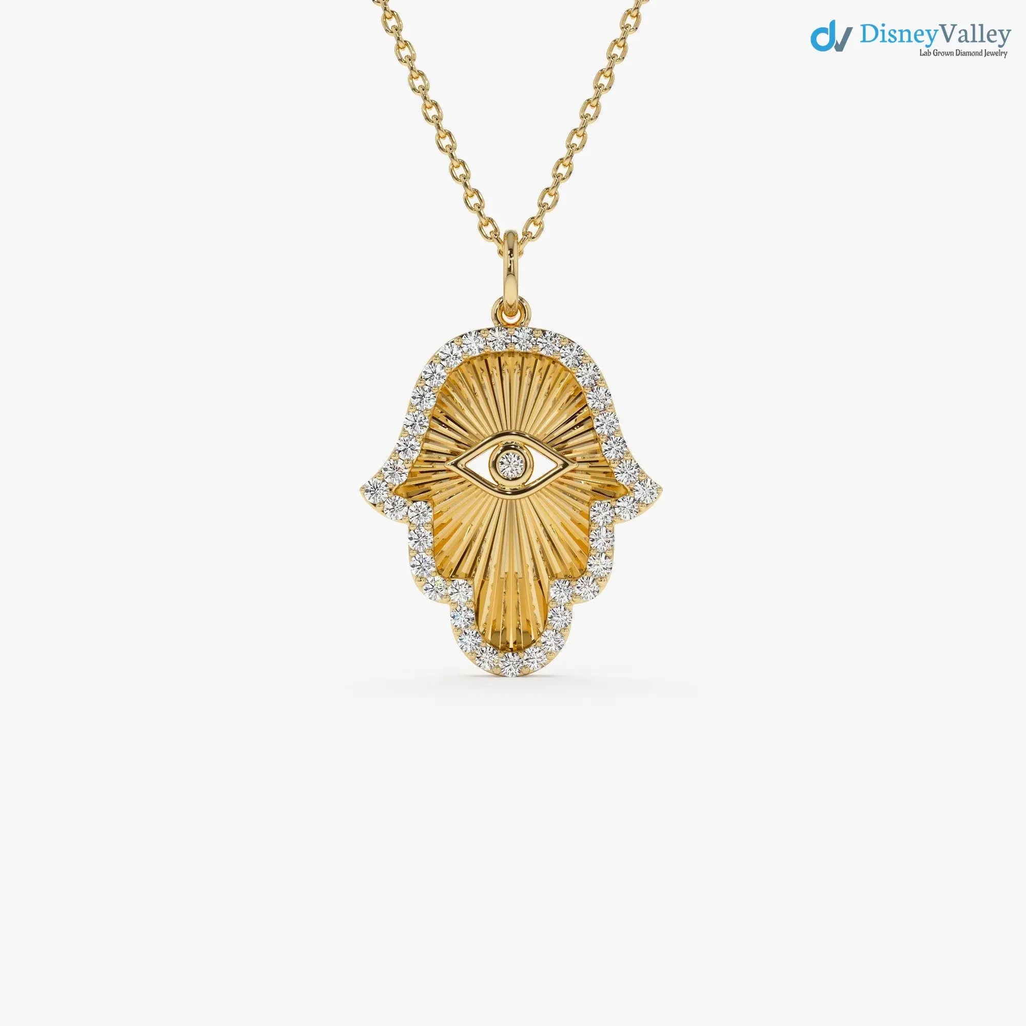 Gold Diamond Hamsa & Evil Eye Hand of Fatima Necklace DisneyValley Main image