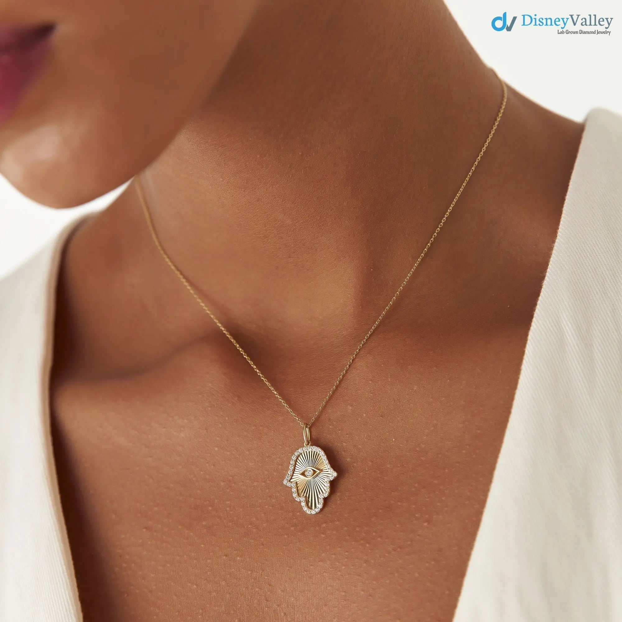 Gold Diamond Hamsa & Evil Eye Hand of Fatima Necklace Secondary image