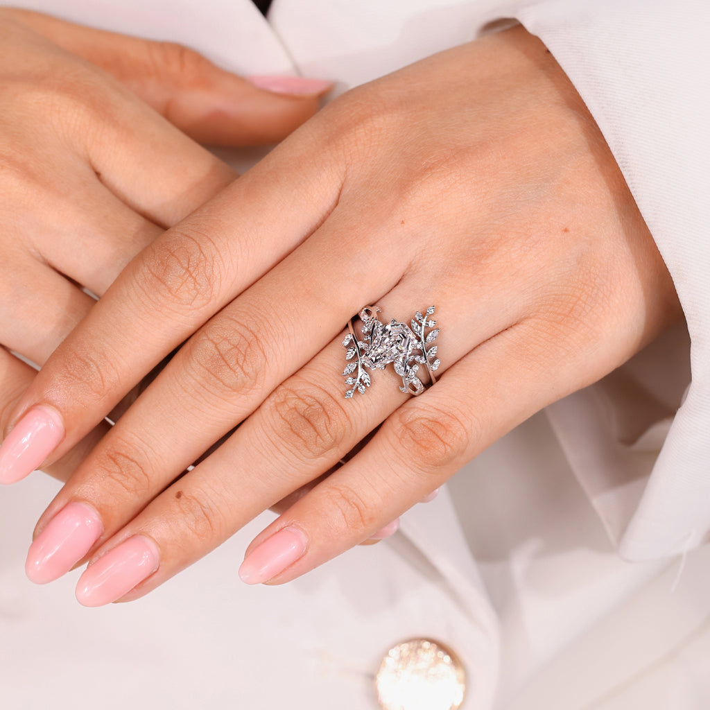 Nature Inspired Coffin Wedding Ring with Leaf Wrap Guard Band