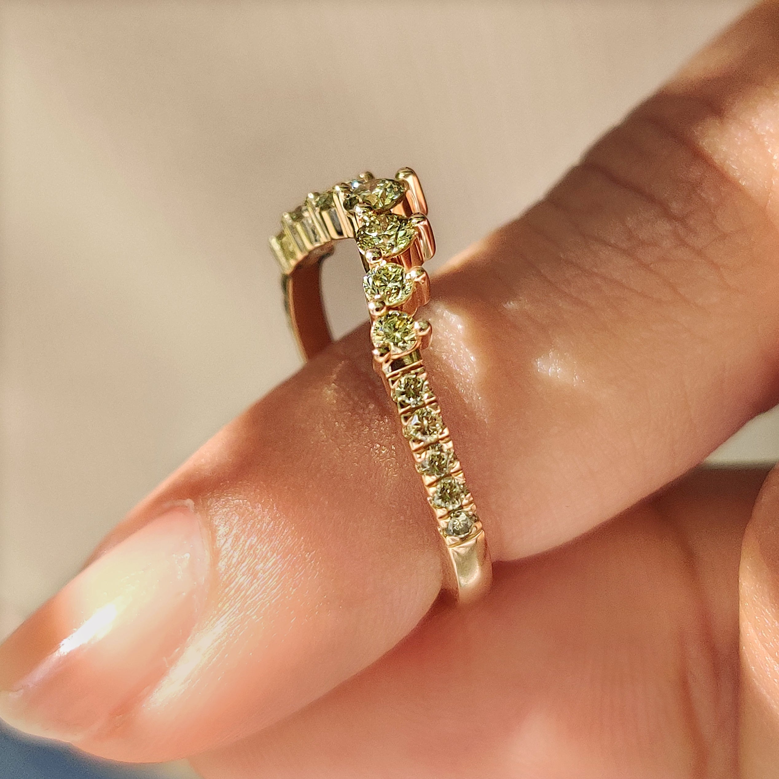 Green Round Diamond Half Eternity Wedding Band in Chevron Style