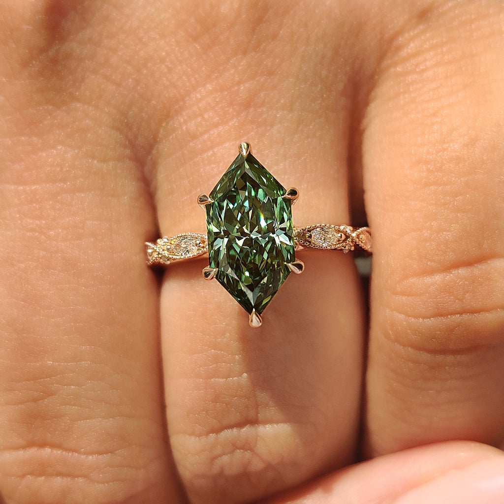 Green Dutch Marquise Engagement Ring with Milgrain Details