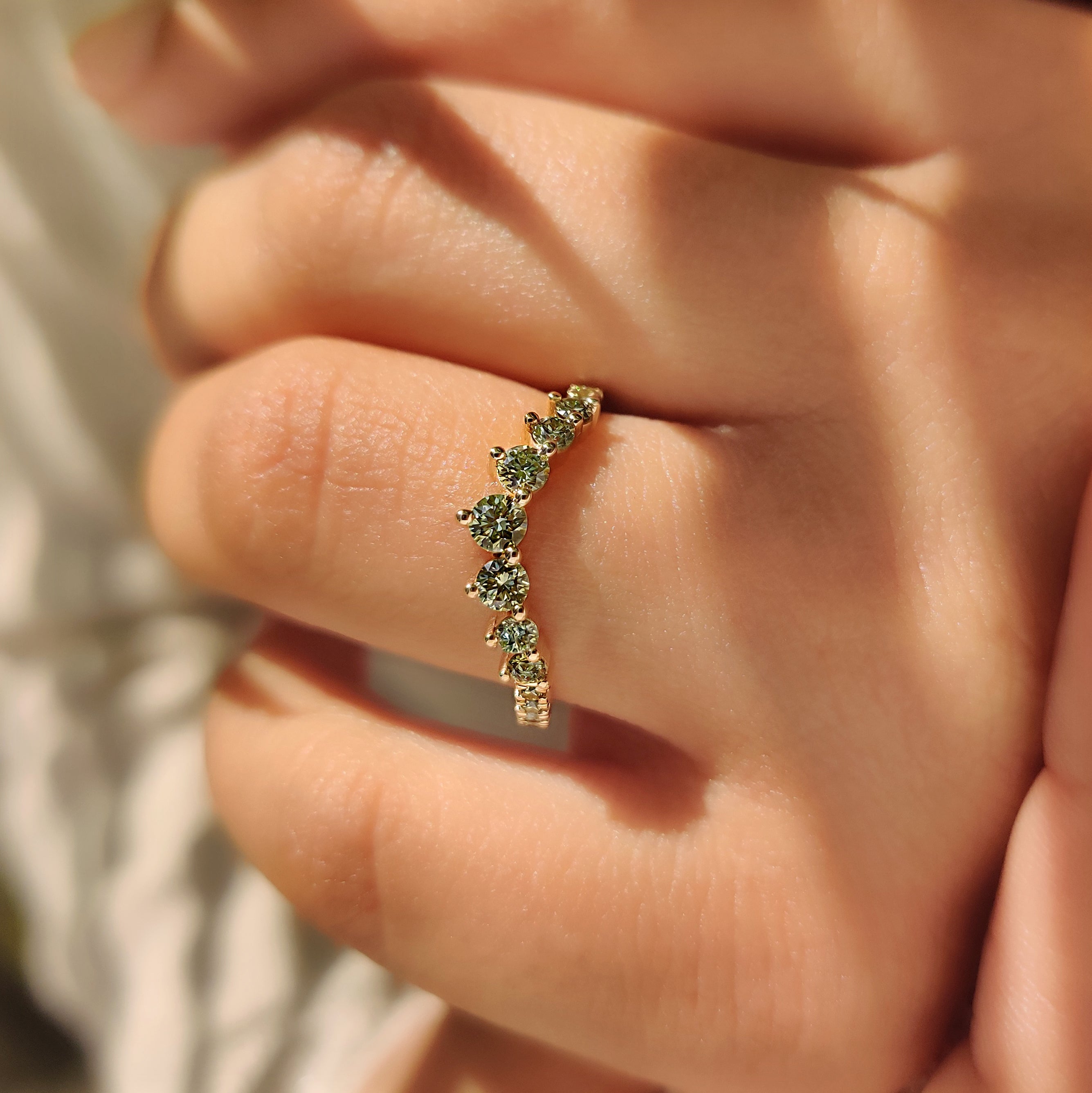 Green Round Diamond Half Eternity Wedding Band in Chevron Style