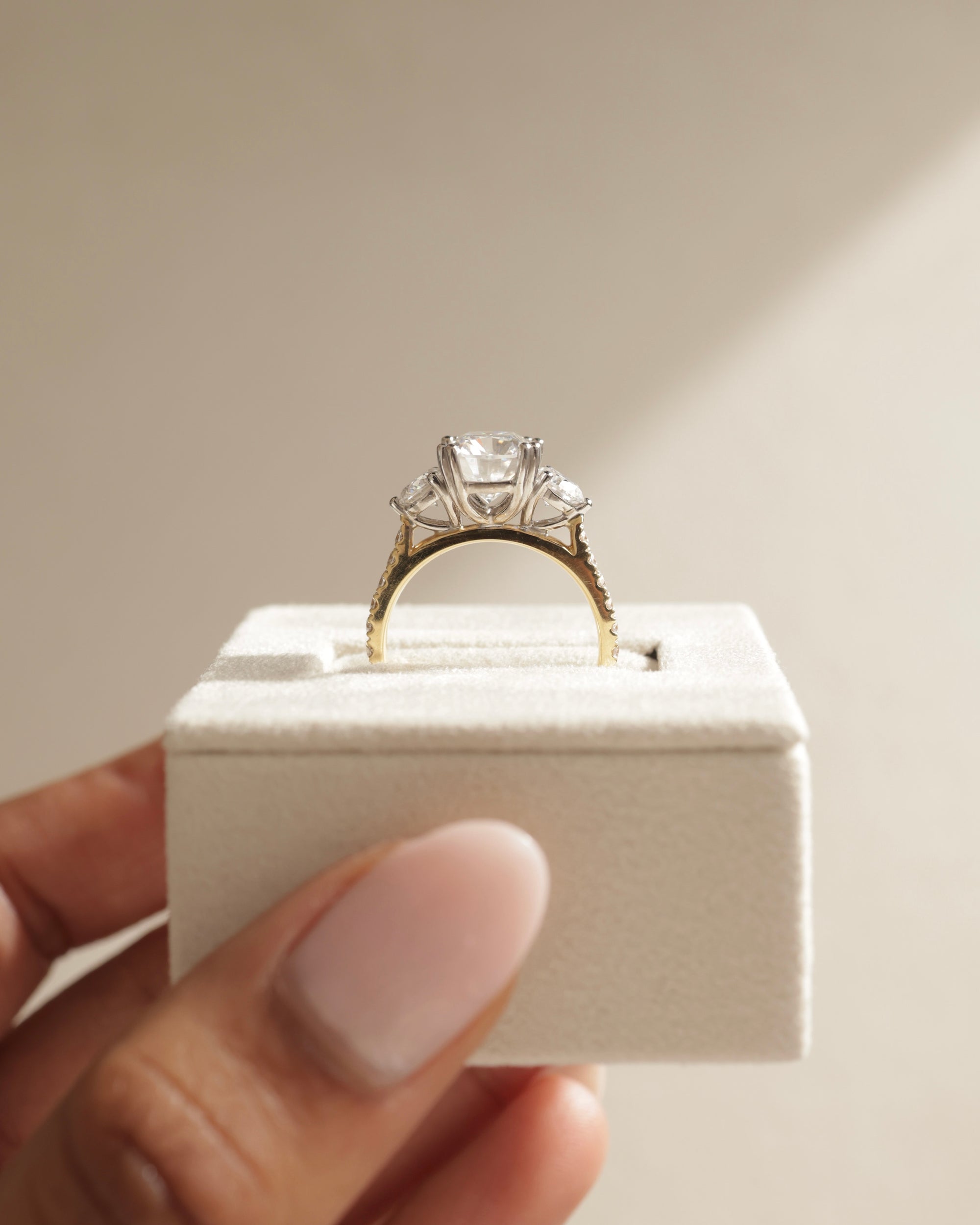 2.65-4.65 CT Cushion Cut Lab Grown Diamond Three Stone & Pave Engagement Ring