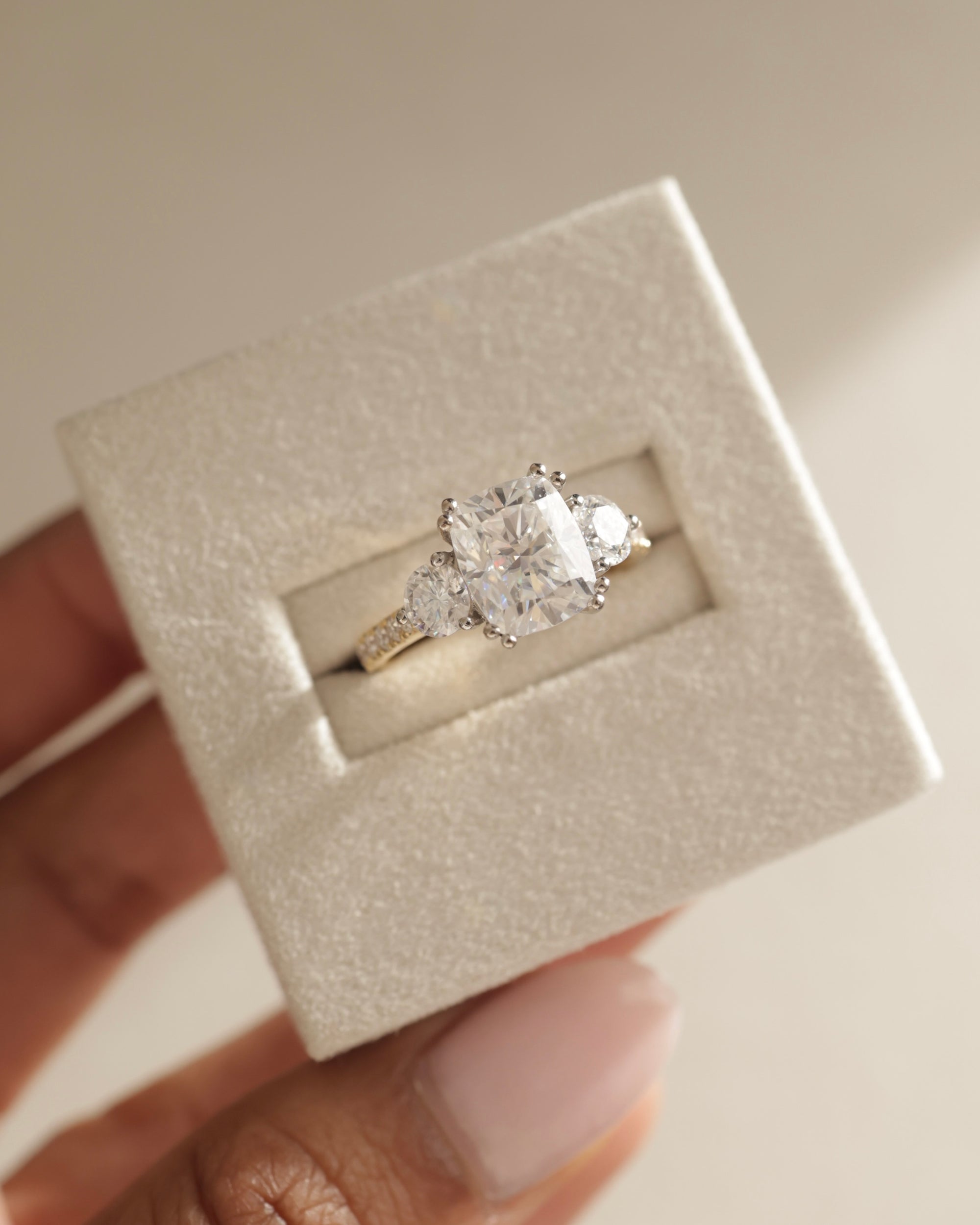 2.65-4.65 CT Cushion Cut Lab Grown Diamond Three Stone & Pave Engagement Ring
