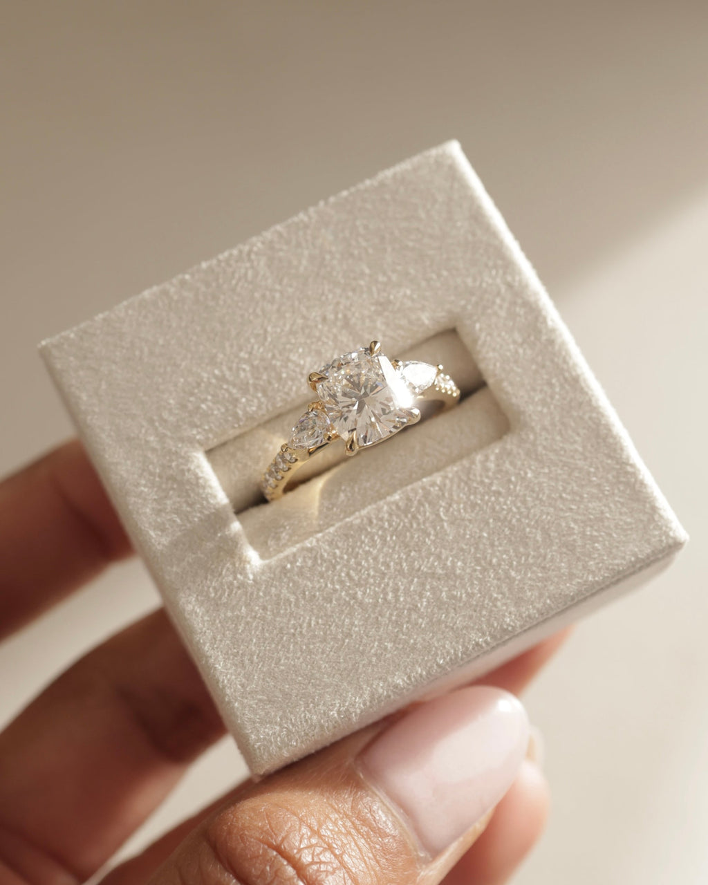 2.02-4.02 CT Elongated Cushion Cut Lab Grown Diamond Three Stone & Pave Engagement Ring