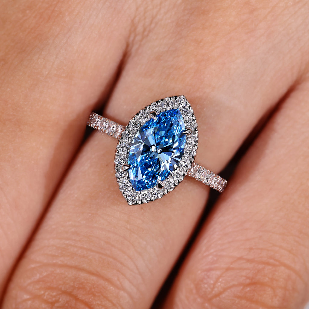 Blue Marquise Cut Diamond Ring in Halo Style