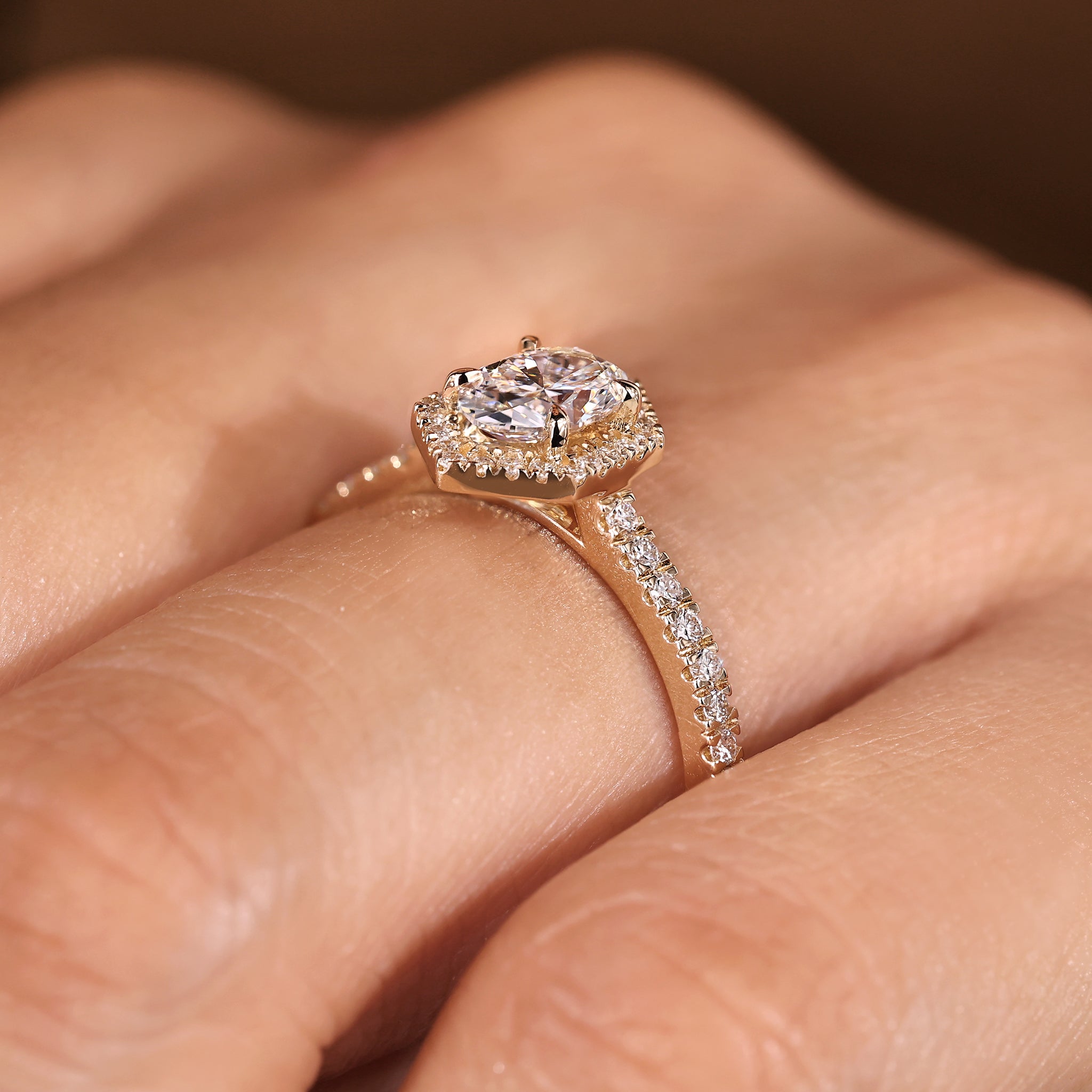Oval Engagement Ring with Round Cut Hexagon Shape Halo Setting
