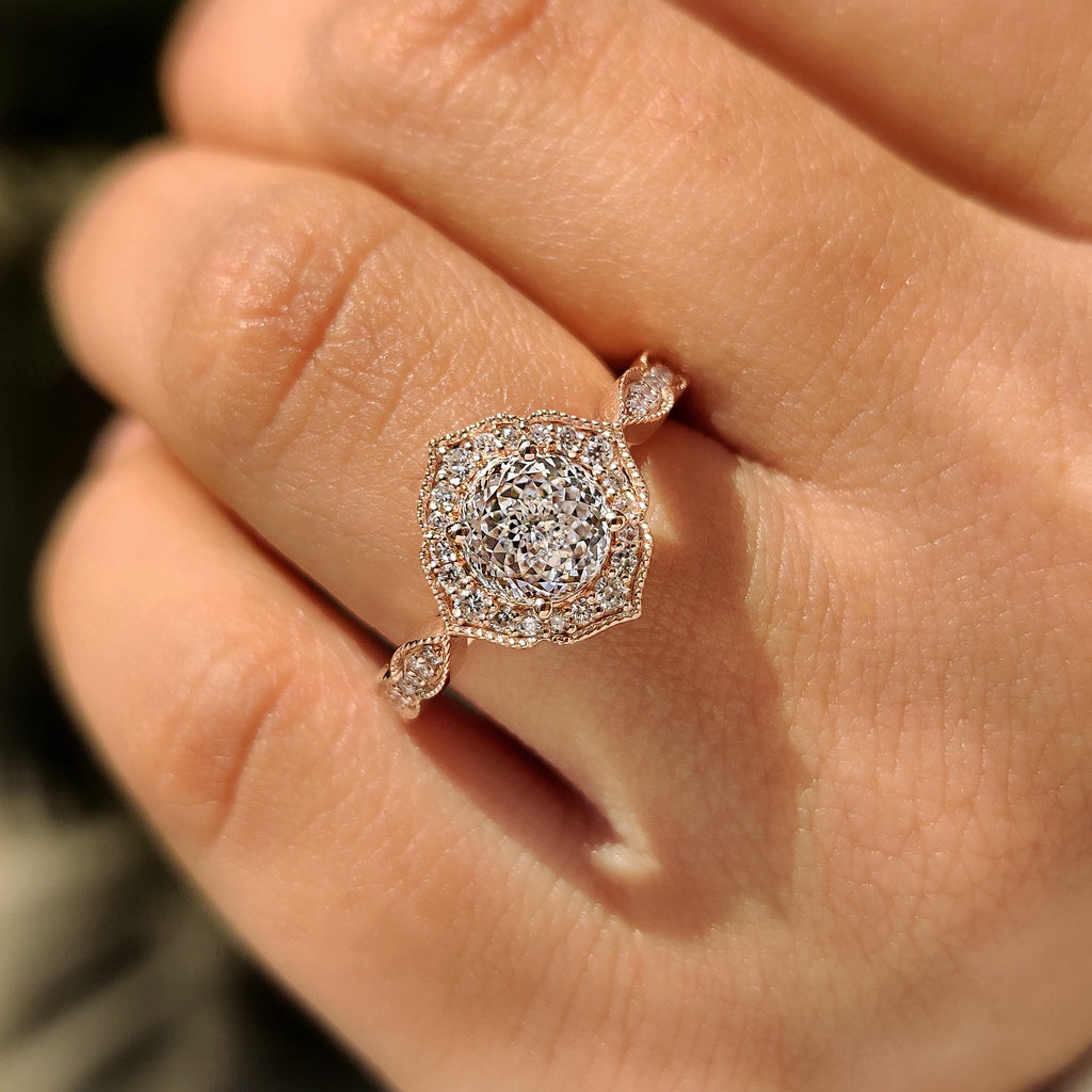 Portuguese Cut Diamond Ring in Milgrain Vintage Style