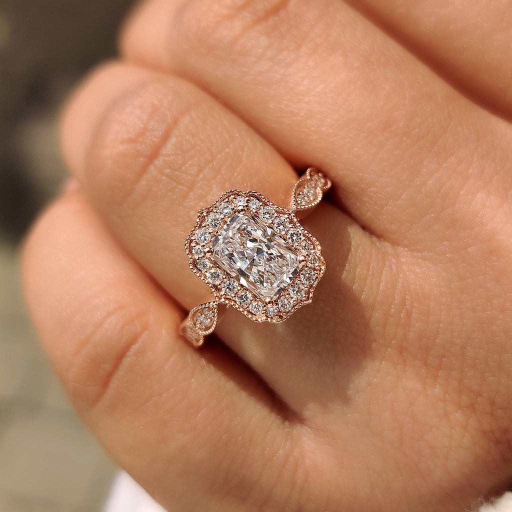 Radiant Cut Diamond Ring in Milgrain Vintage Style