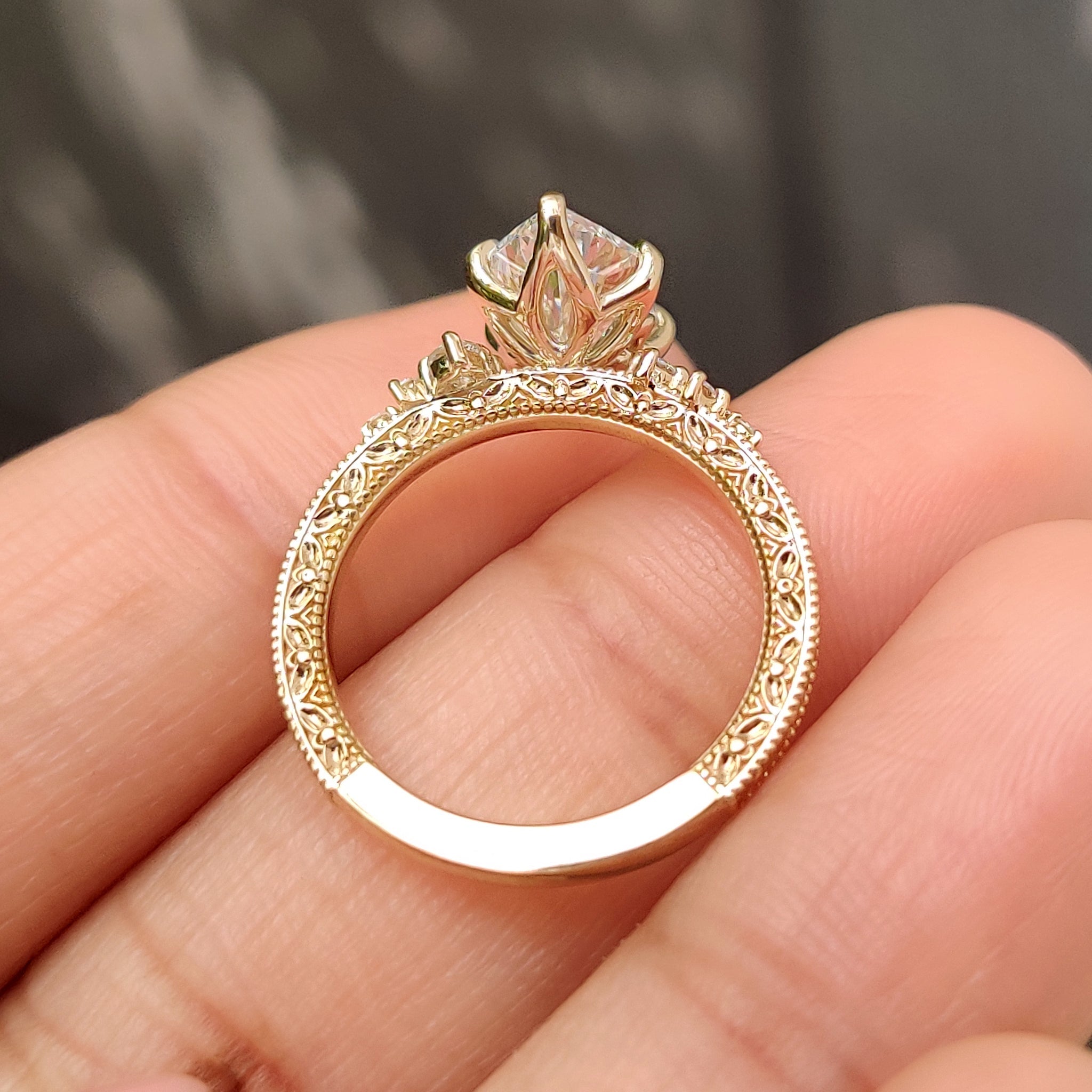 Dutch Marquise Diamond Ring with Hand Engraved Filigree Design
