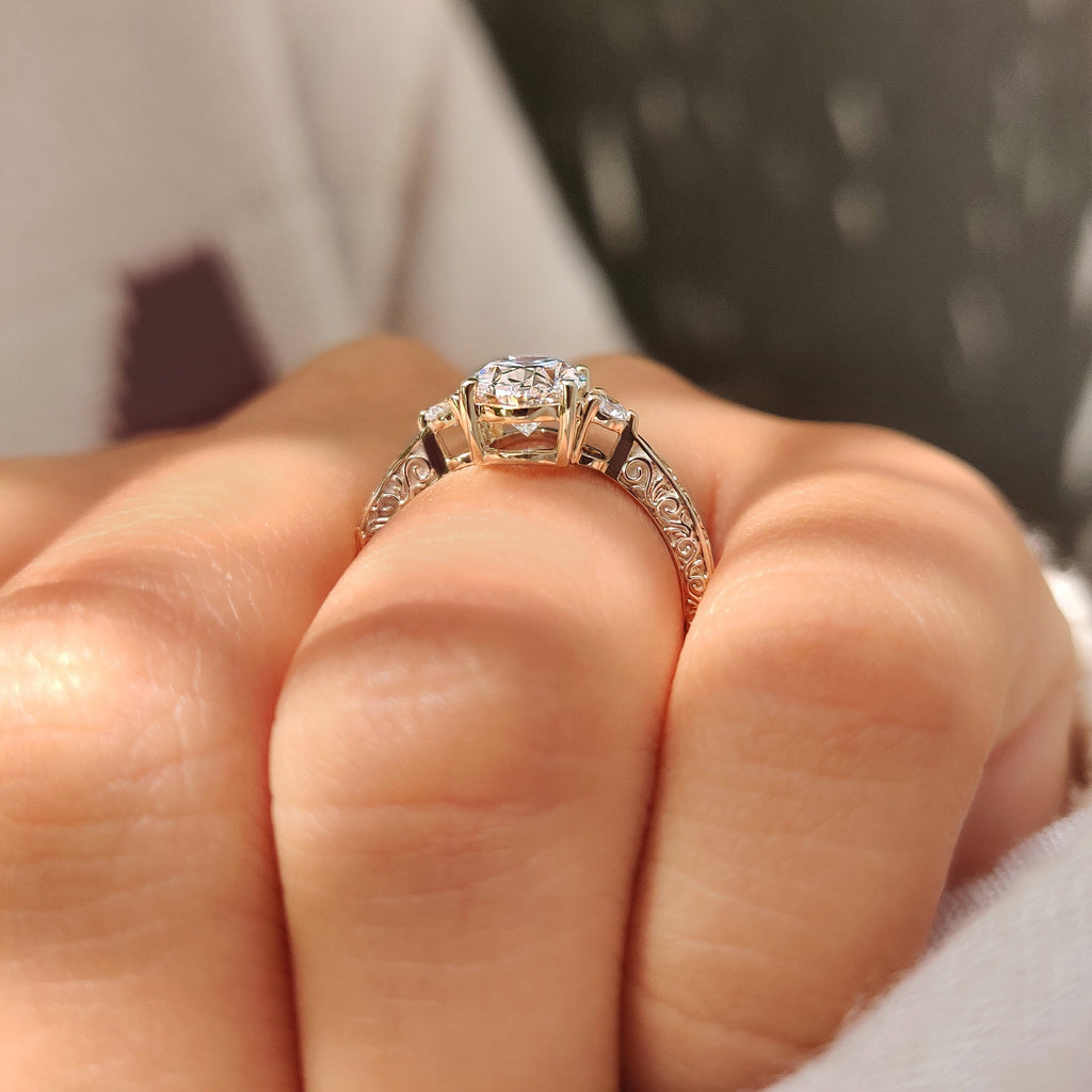 Oval Cut Vintage Engagement Ring with Filigree Design on Shank