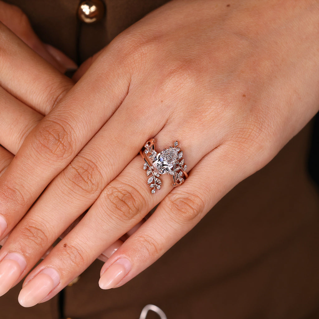 Pear Shaped Engagement Ring With Wedding Band In Nature Inspired Style