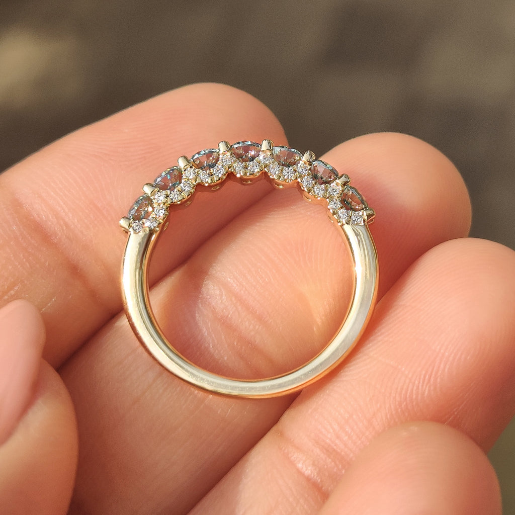 Blue Round Cut moissanite Half Eternity Wedding Band in Pave Style