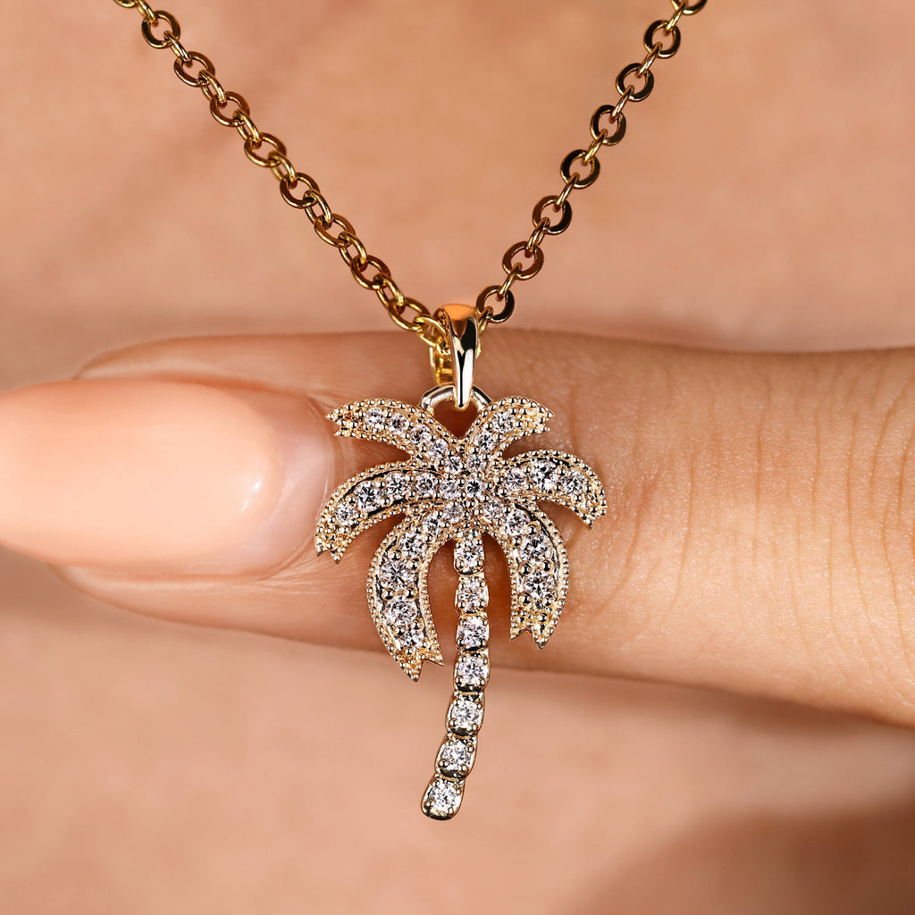 Palm Tree Pendant with Round Lab Grown Diamond in Tropical Style
