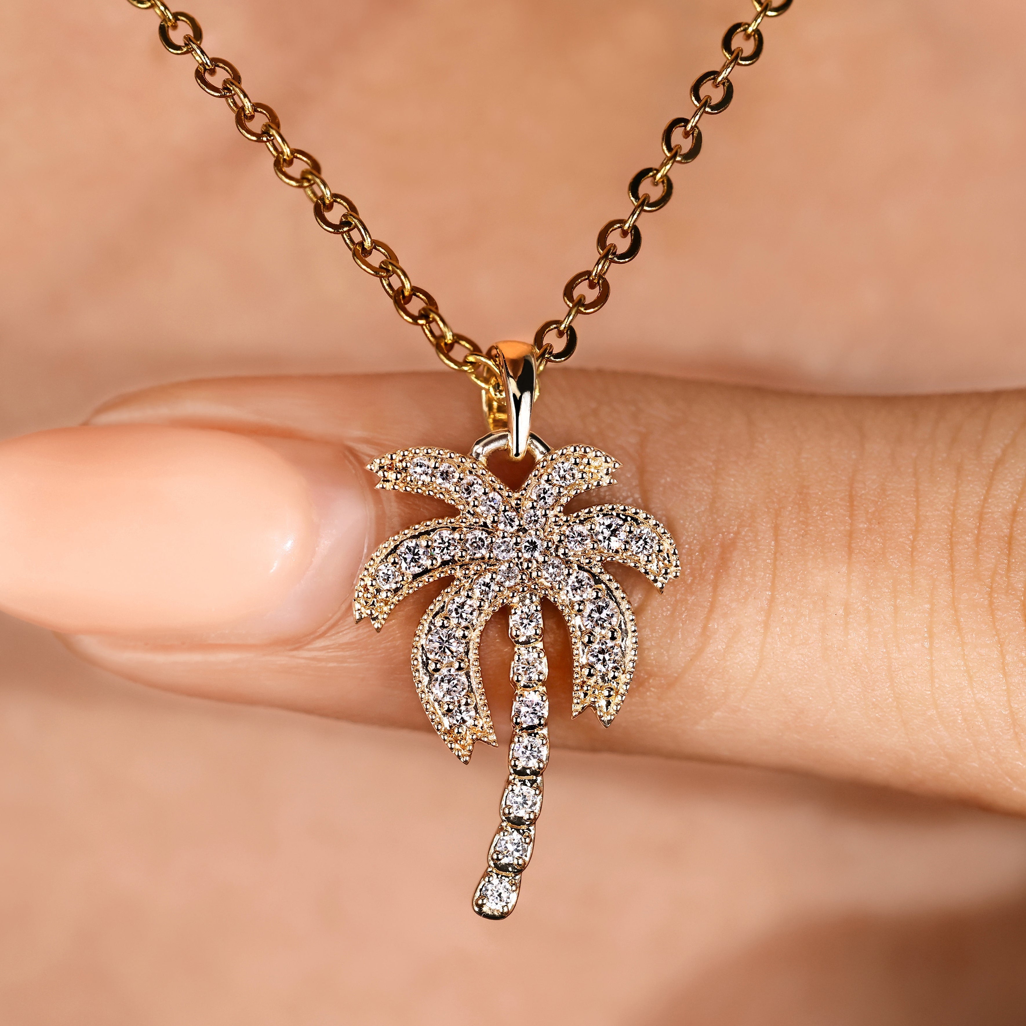 Palm Tree Pendant with Round Lab Grown Diamond in Tropical Style