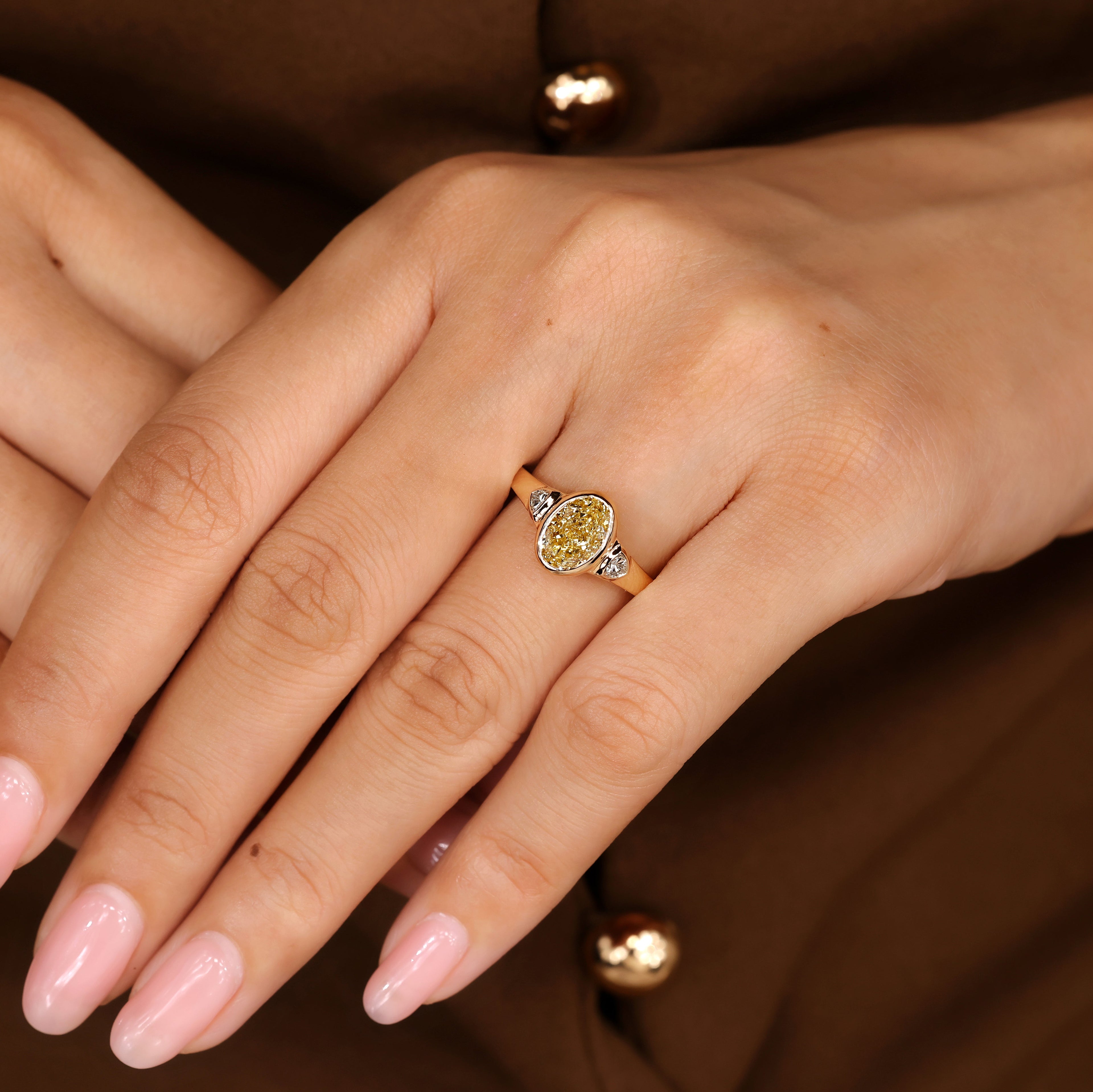 Three Stone Yellow Oval Cut Engagement Ring With Trillion Side Stone
