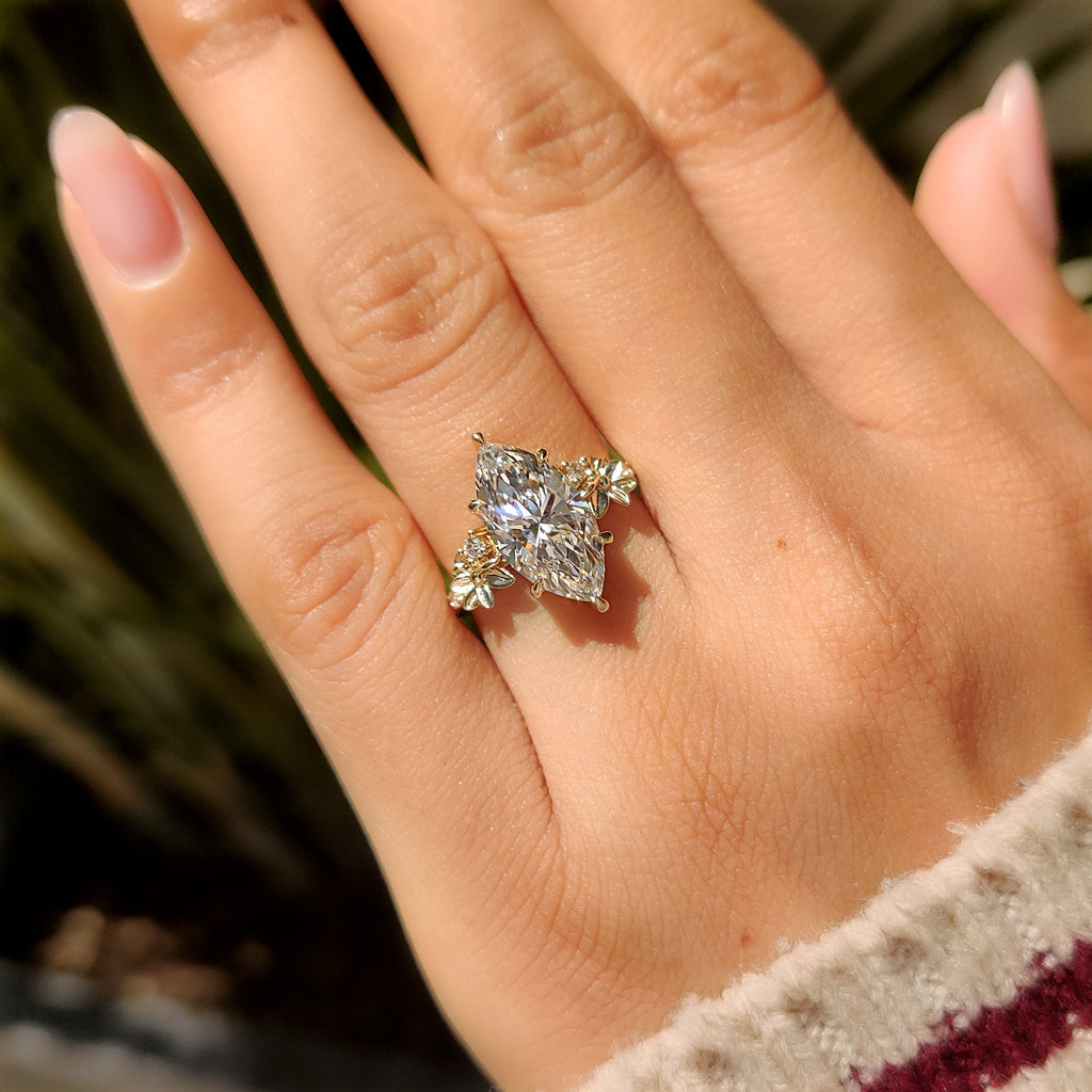 Nature Inspired Marquise Diamond Ring in Flower Detailing