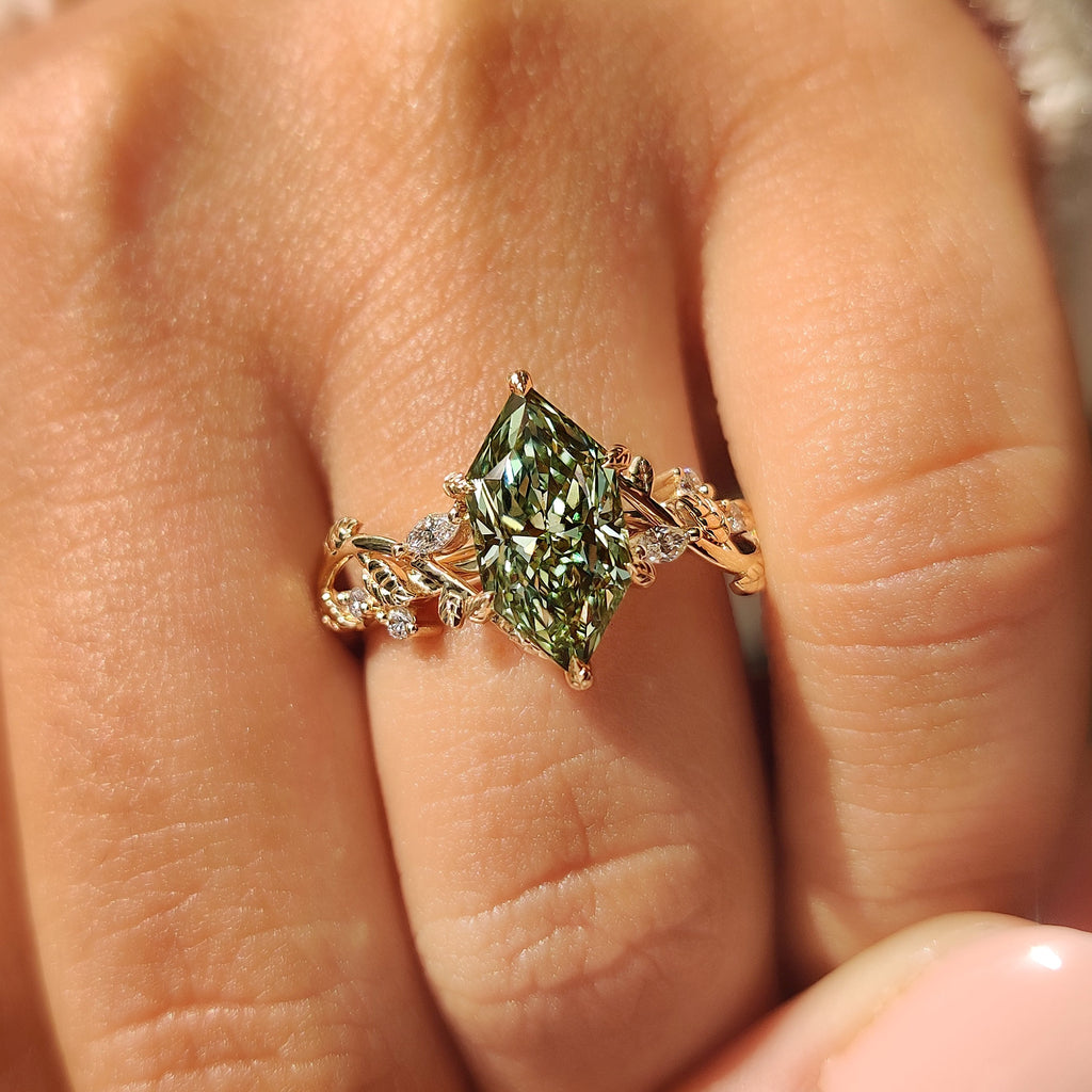 Green Dutch Marquise Engagement Ring in Leaf Details