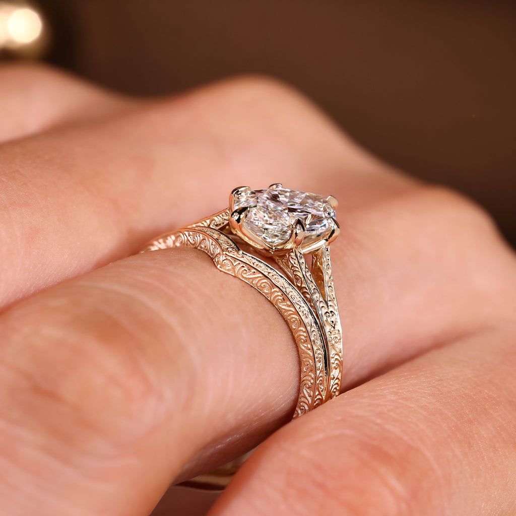 Vintage Marquise Engagement Ring Set with Curved Wedding Band