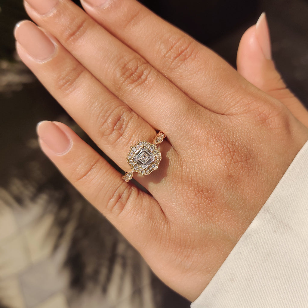 Vintage Style Asscher Cut Diamond Ring in Milgrain Details