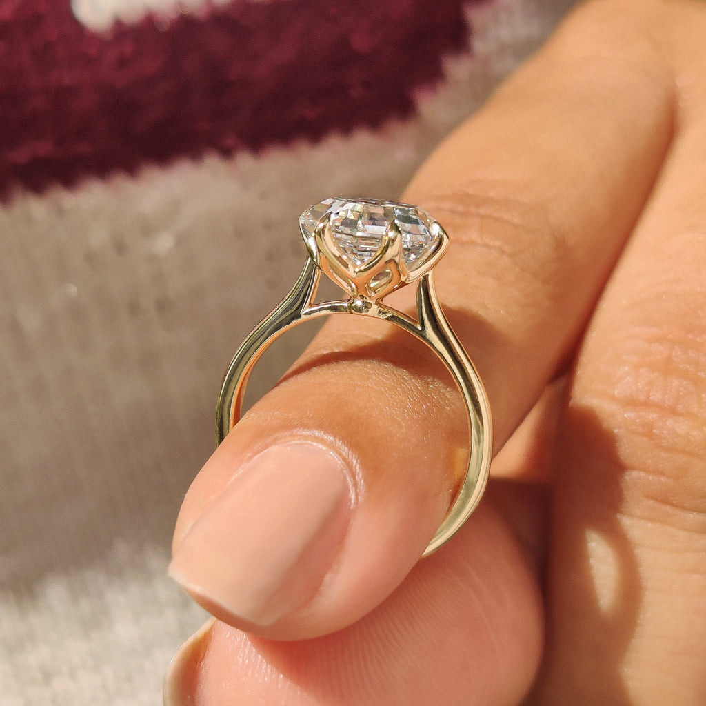 Hexagon Cut Diamond Solitaire Engagement Ring In Tulip Setting