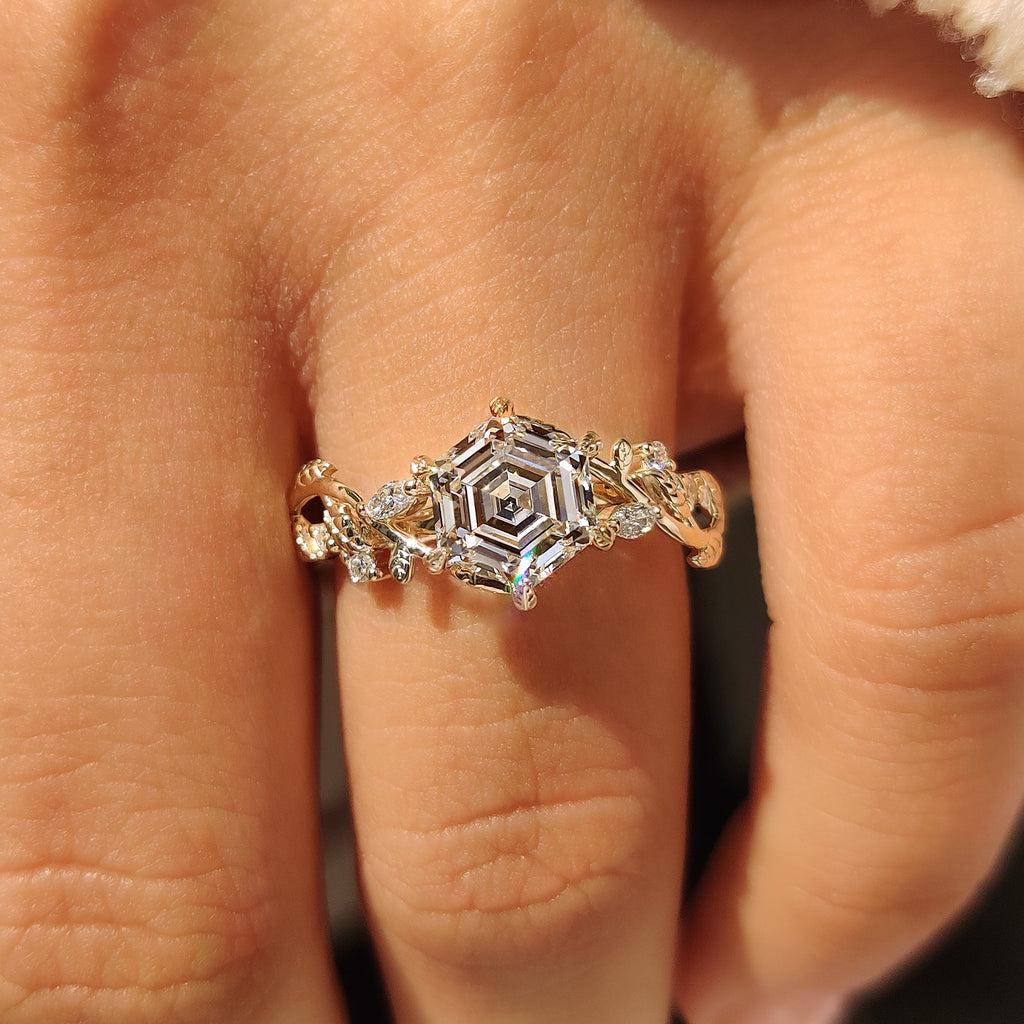 Nature Inspired Hexagon Cut Engagement Ring in Cluster Setting