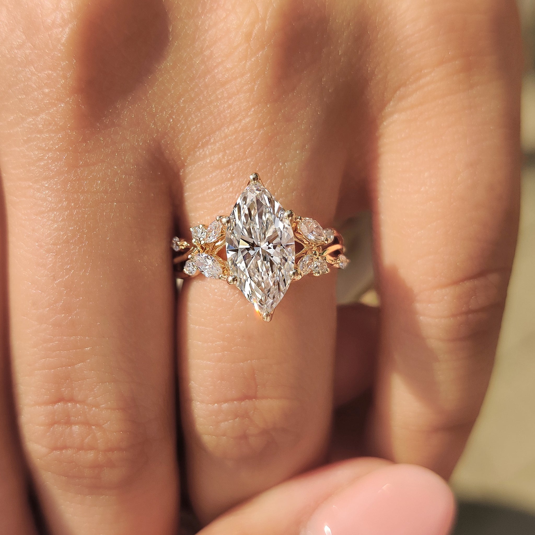 Marquise Diamond Nature Inspired Engagement Ring in Tulip Setting
