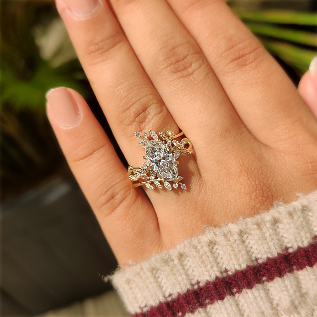 Marquise Engagement Ring With Wedding Band In Nature Inspired Style