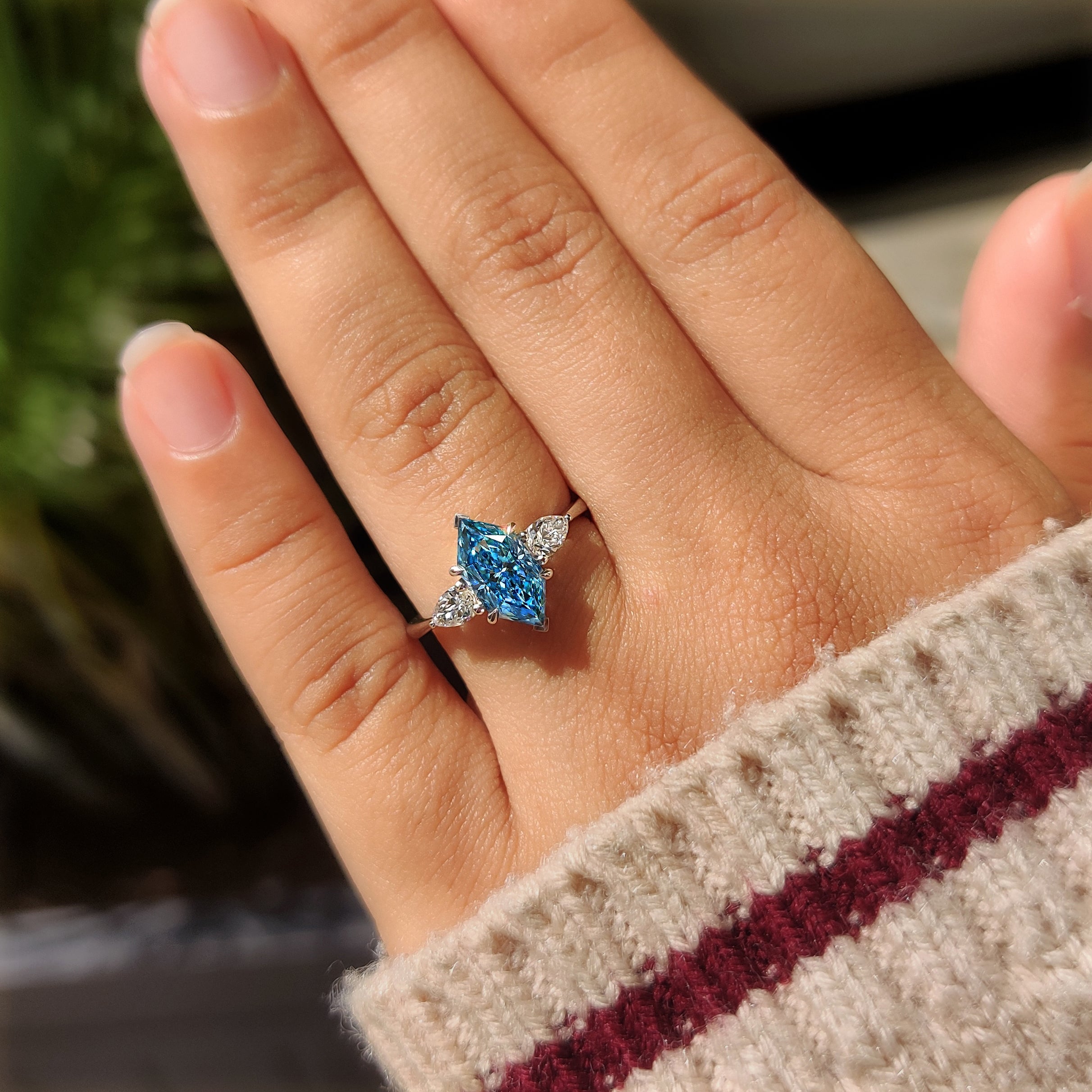 Blue Dutch Marquise Three Stone Ring with Pear Side Stones