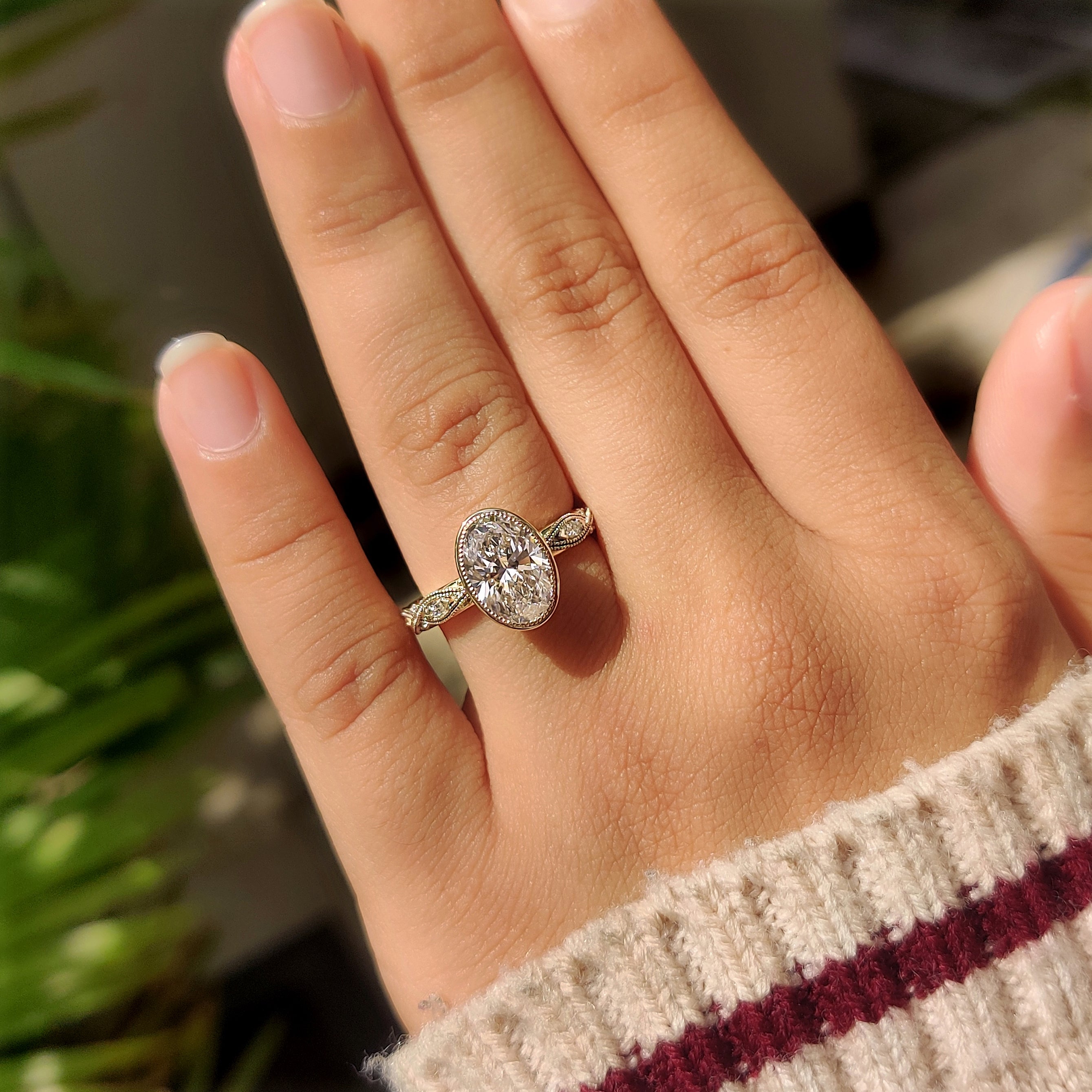 Oval Bezel Engagement Ring with Milgrain