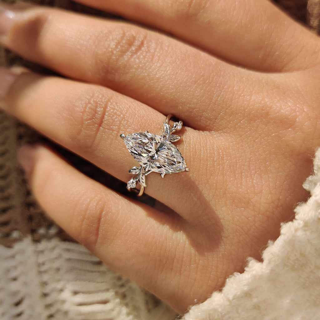 Marquise Cut Ring with Round Side Stone in Nature Inspired Style