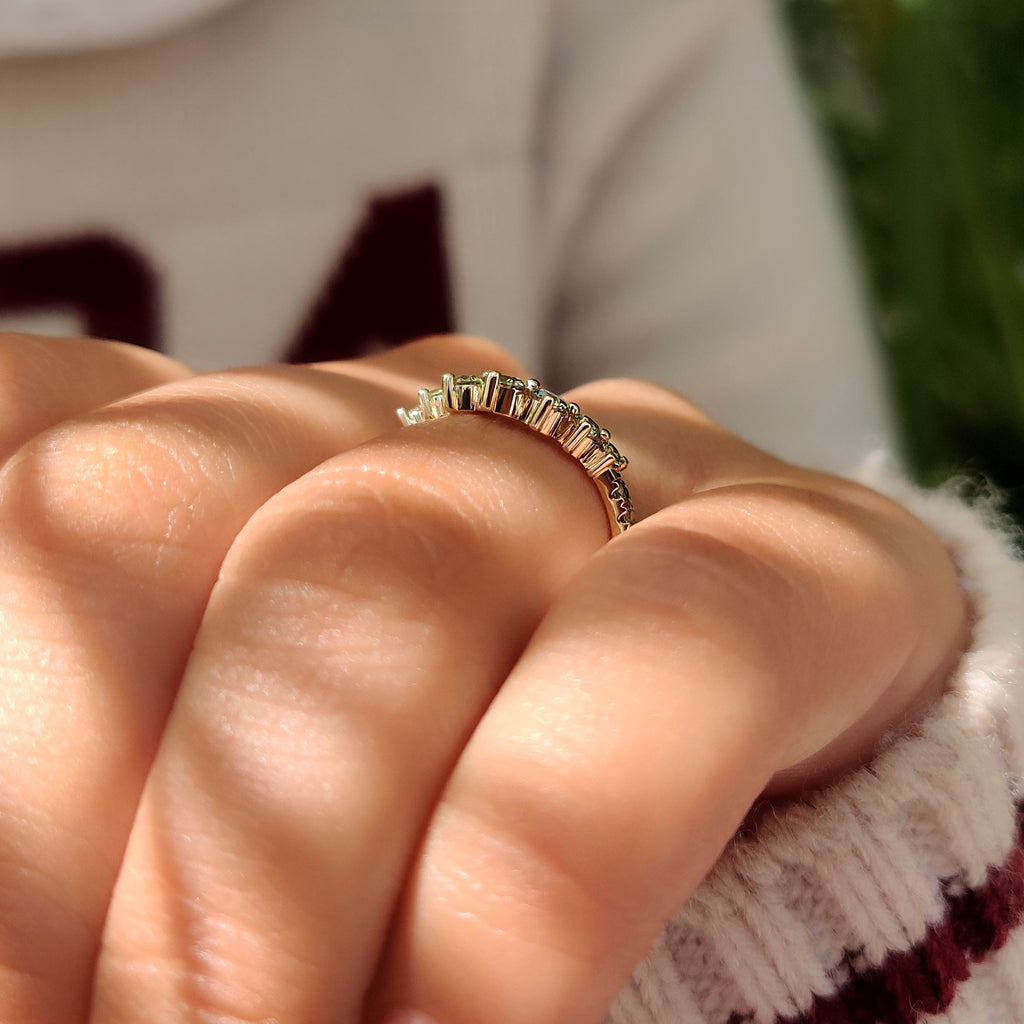 Green Round Diamond Half Eternity Wedding Band in Chevron Style